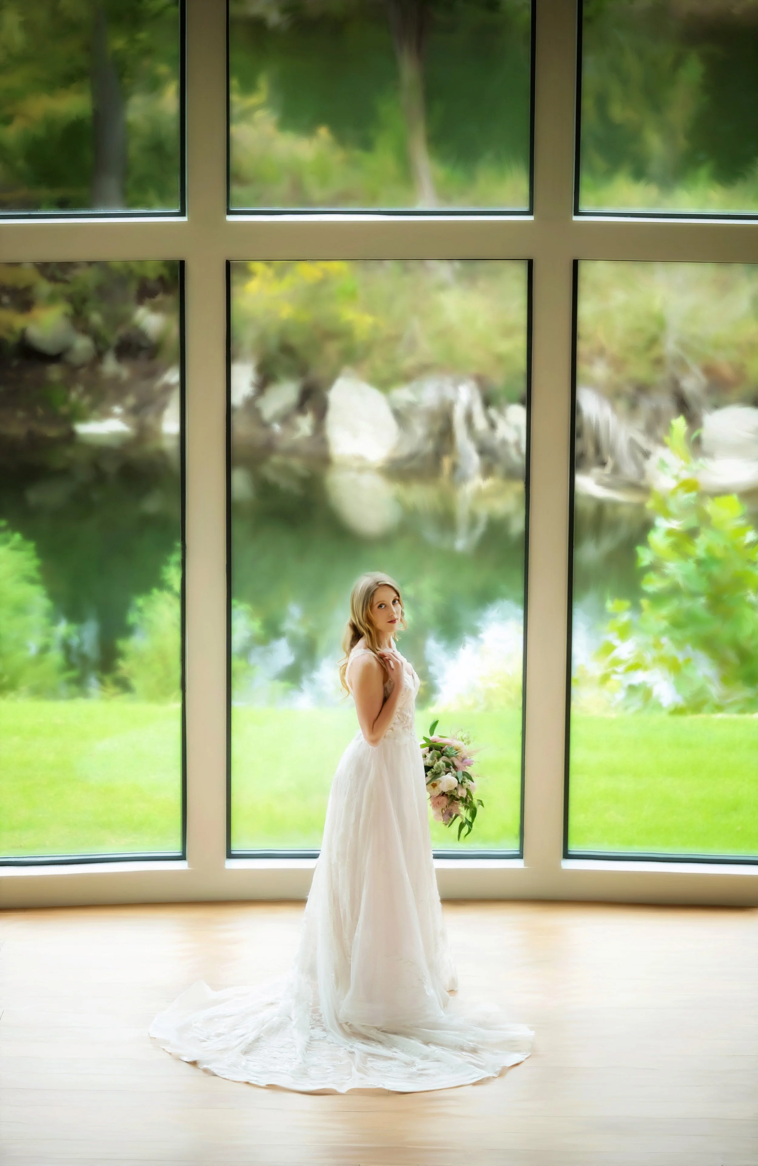 A bride in a white wedding dress holding a bouquet, standing indoors in front of large windows with a scenic outdoor view of greenery and water.