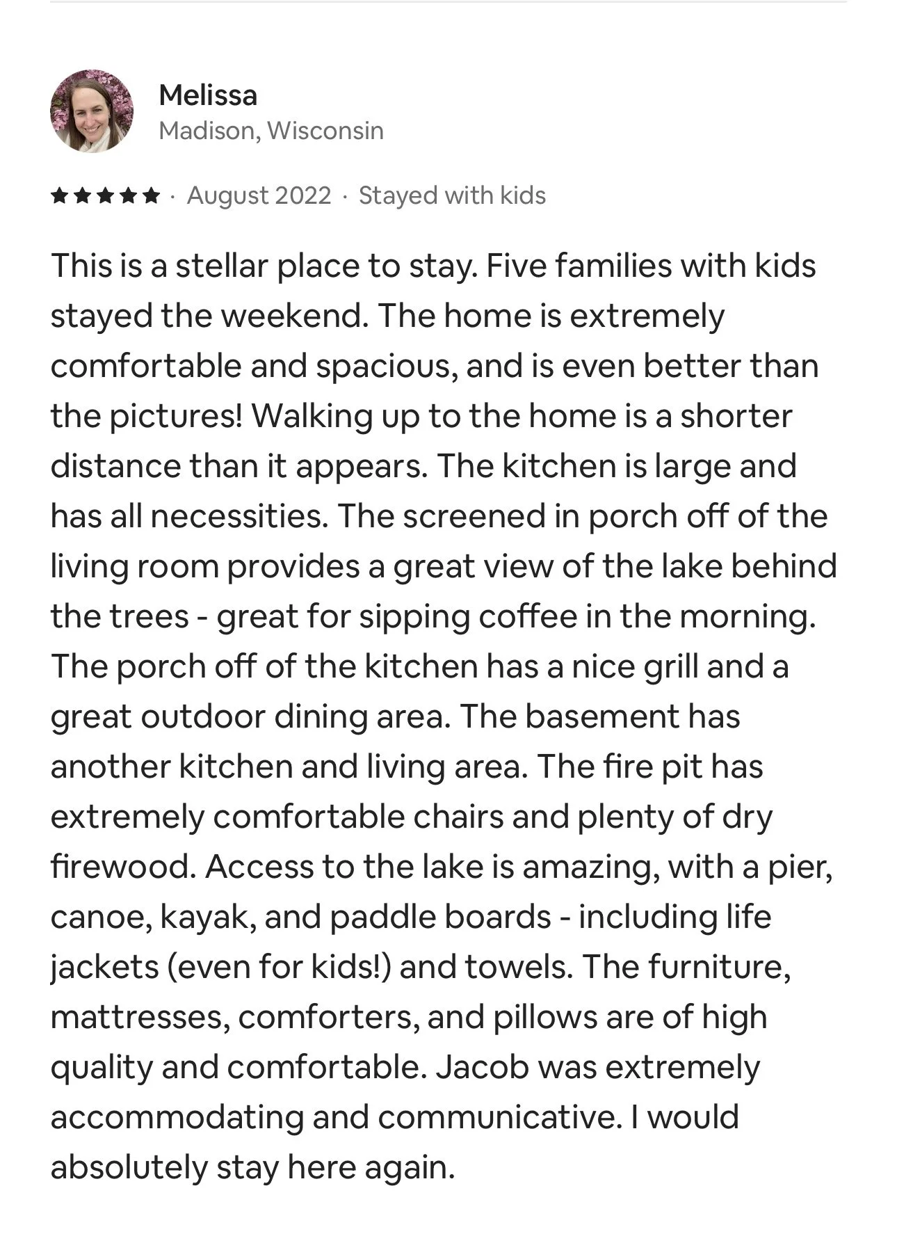 Screenshot of a review by Melissa from Madison, Wisconsin, describing her stay at a vacation home with details about the property and amenities