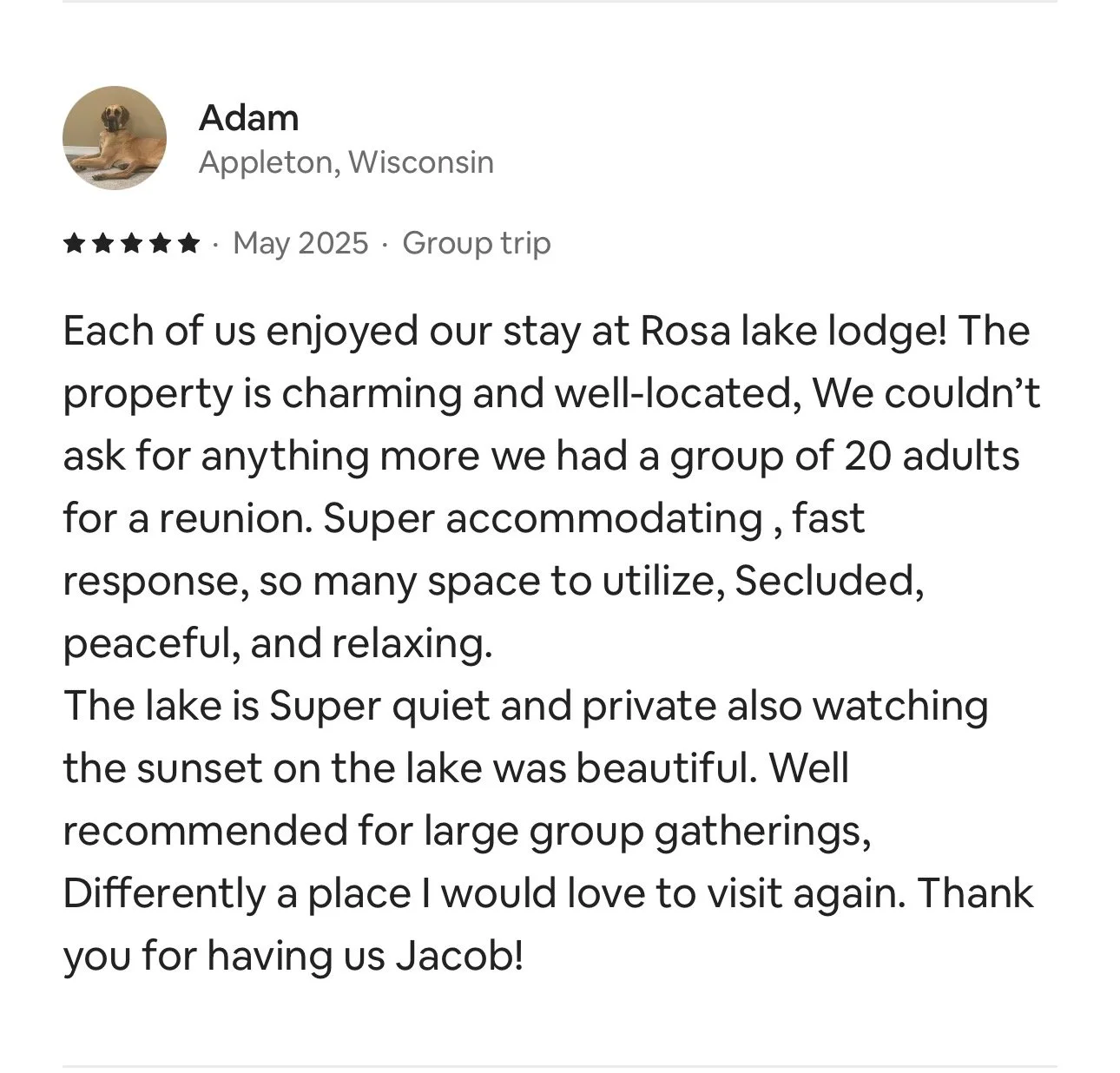 Customer review for Rosa Lake Lodge by Adam, describing their positive experience at the lodge, mentioning the charming property, seclusion, peacefulness, and beautiful sunset.