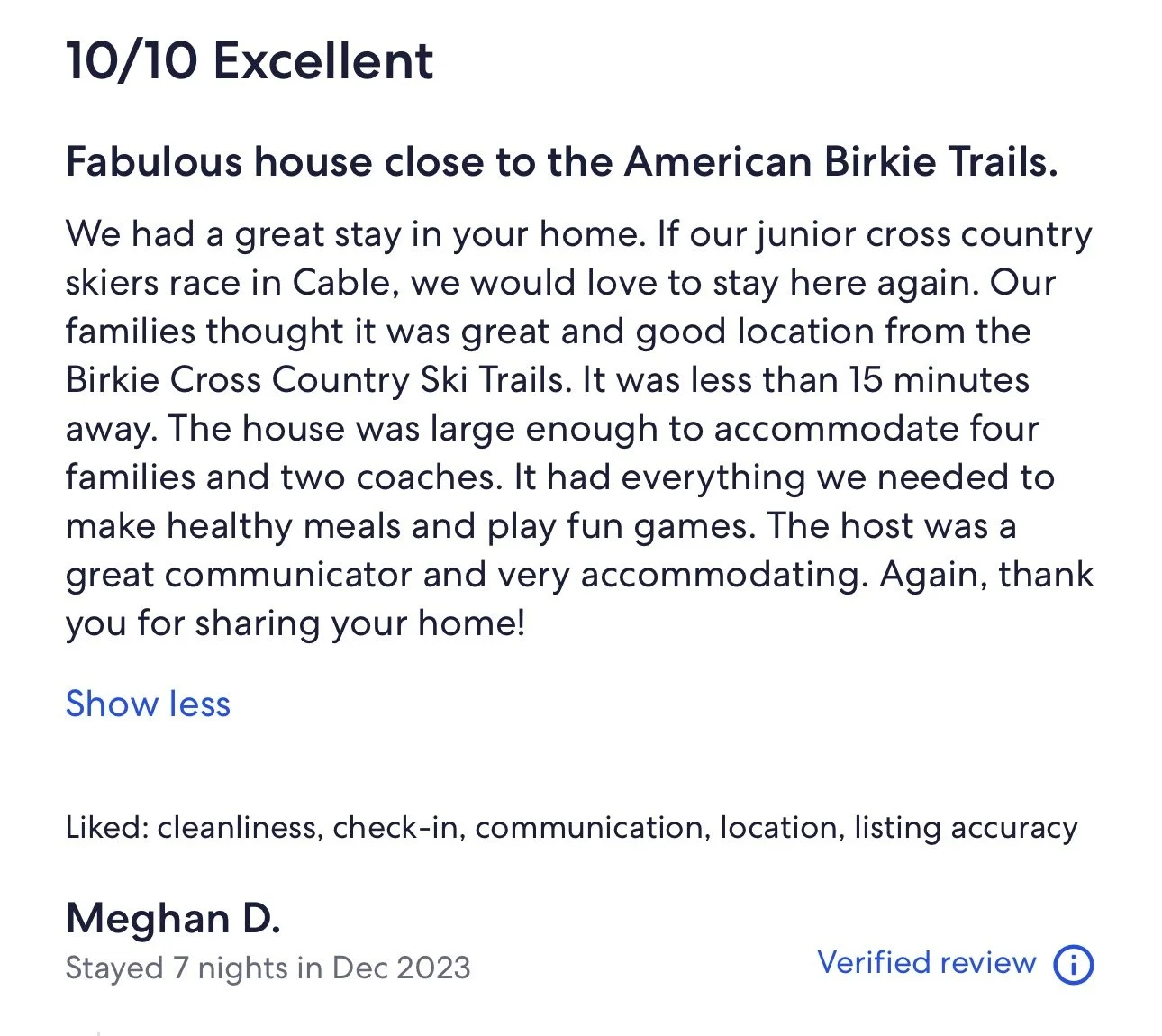 A handwritten note commending a house close to the American Birkie Trails, describing a positive stay with praises for the location, host, and amenities, and indicating a rating of 10 out of 10.