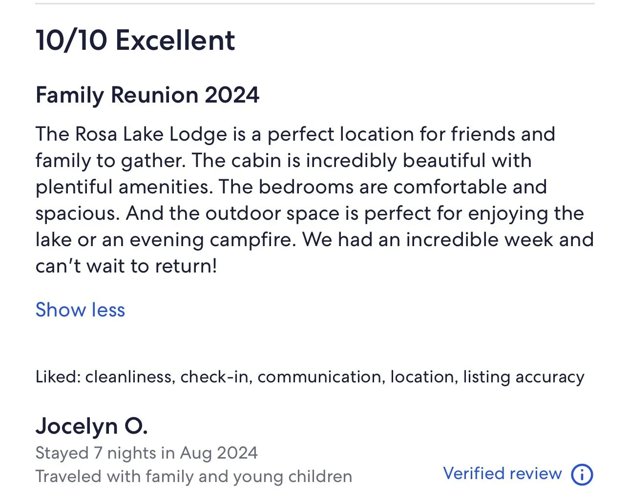 Screenshot of a review for Rosa Lake Lodge, rated 10/10, describing it as a perfect family gathering location with amenities, comfortable bedrooms, and outdoor space, left by Jocelyn O. after a week-long stay in August 2024.