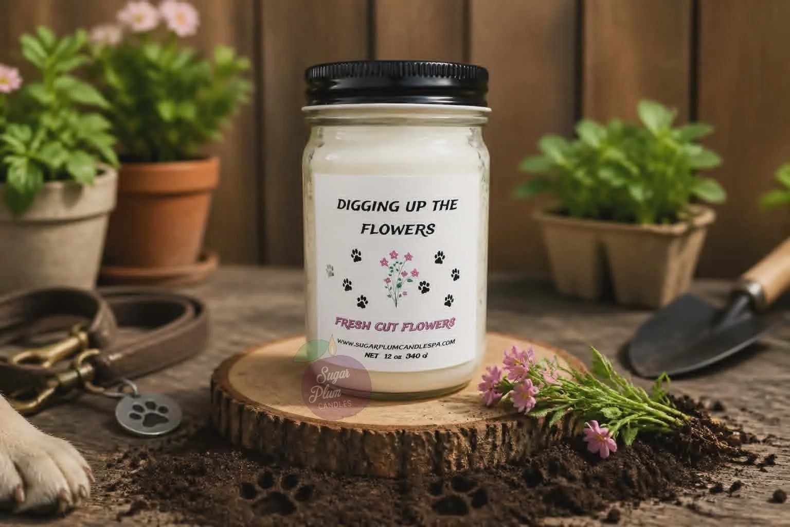 "Digging up the Flowers" - Field of Flowers: 12oz Pet Themed, Soy Wax Candle