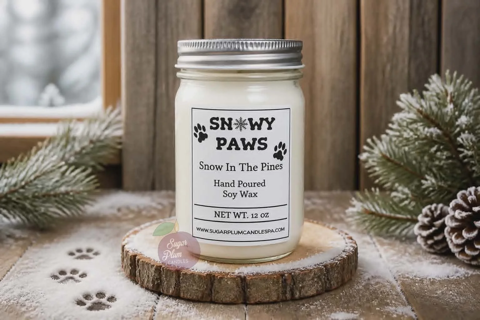 "Snowy Paws" - Snow in the Pines: 12oz Pet Themed, Soy Wax Candle