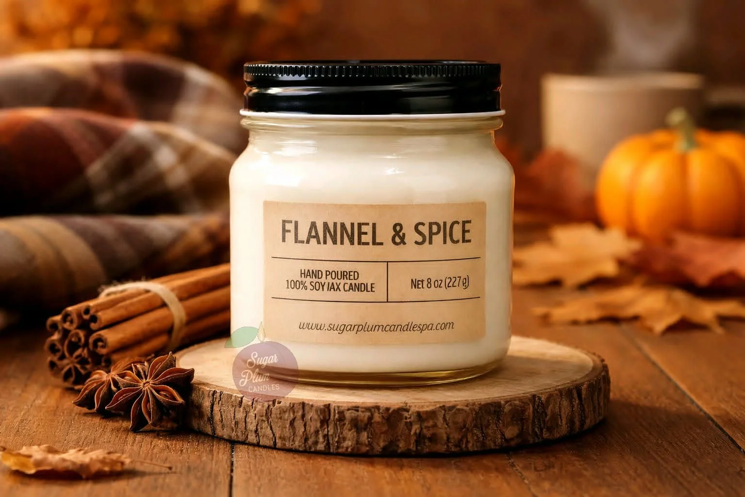 8oz Mason Jar Soy Wax Candle: Flannel & Spice