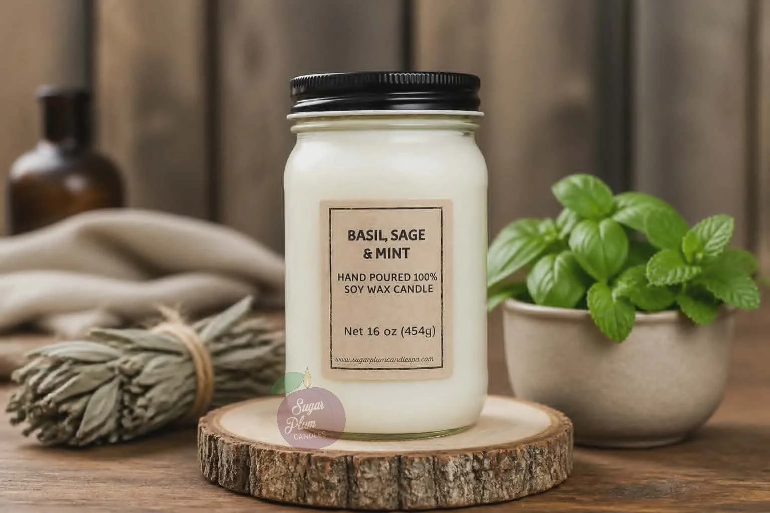 16oz Mason Jar Soy Wax Candle: Basil, Sage & Mint