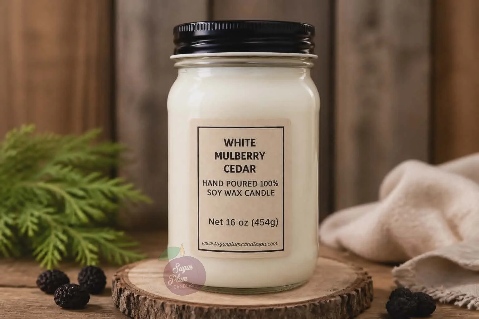 16oz Mason Jar Soy Wax Candle: White Mulberry Cedar