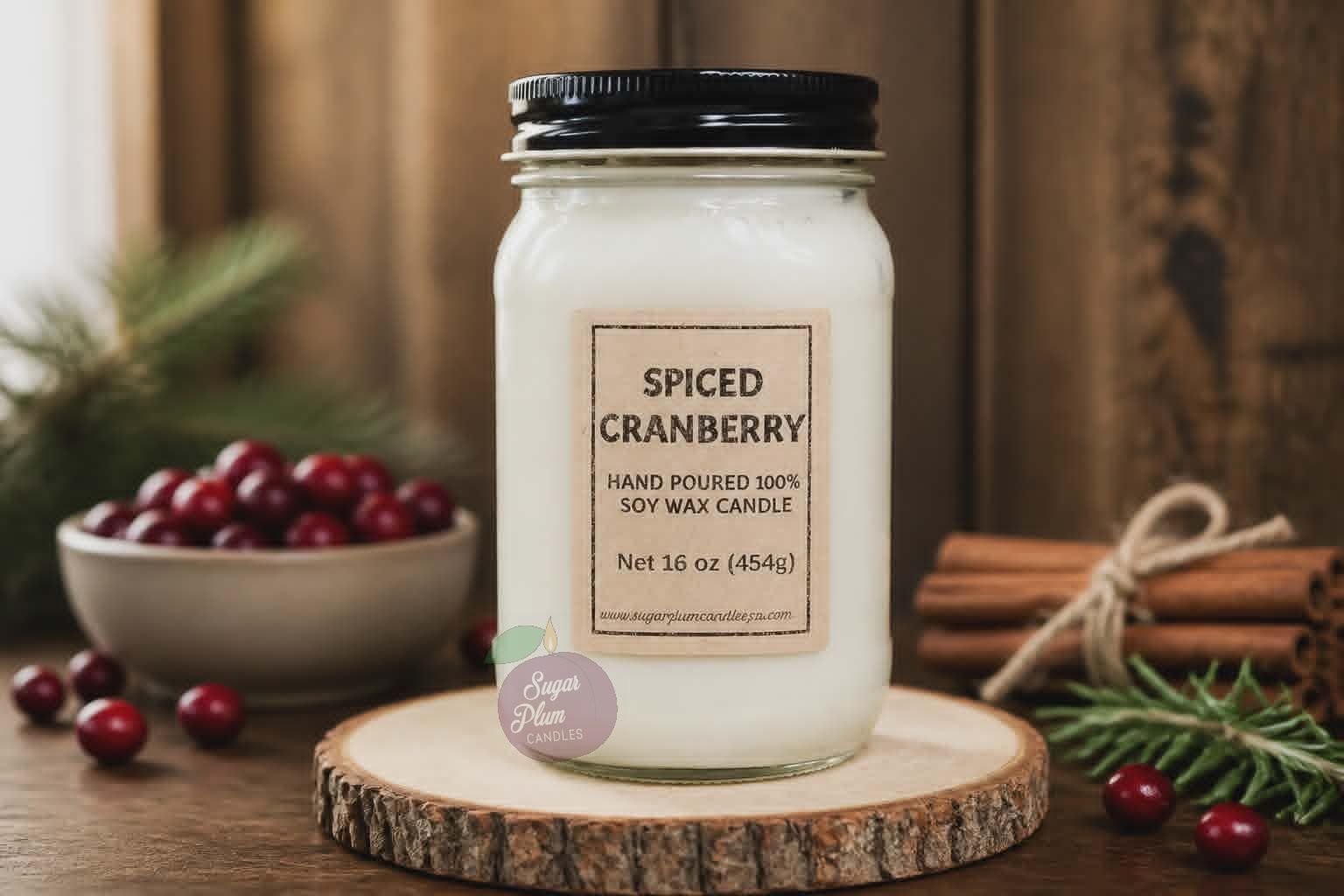 16oz Mason Jar Soy Wax Candle: Spiced Cranberry