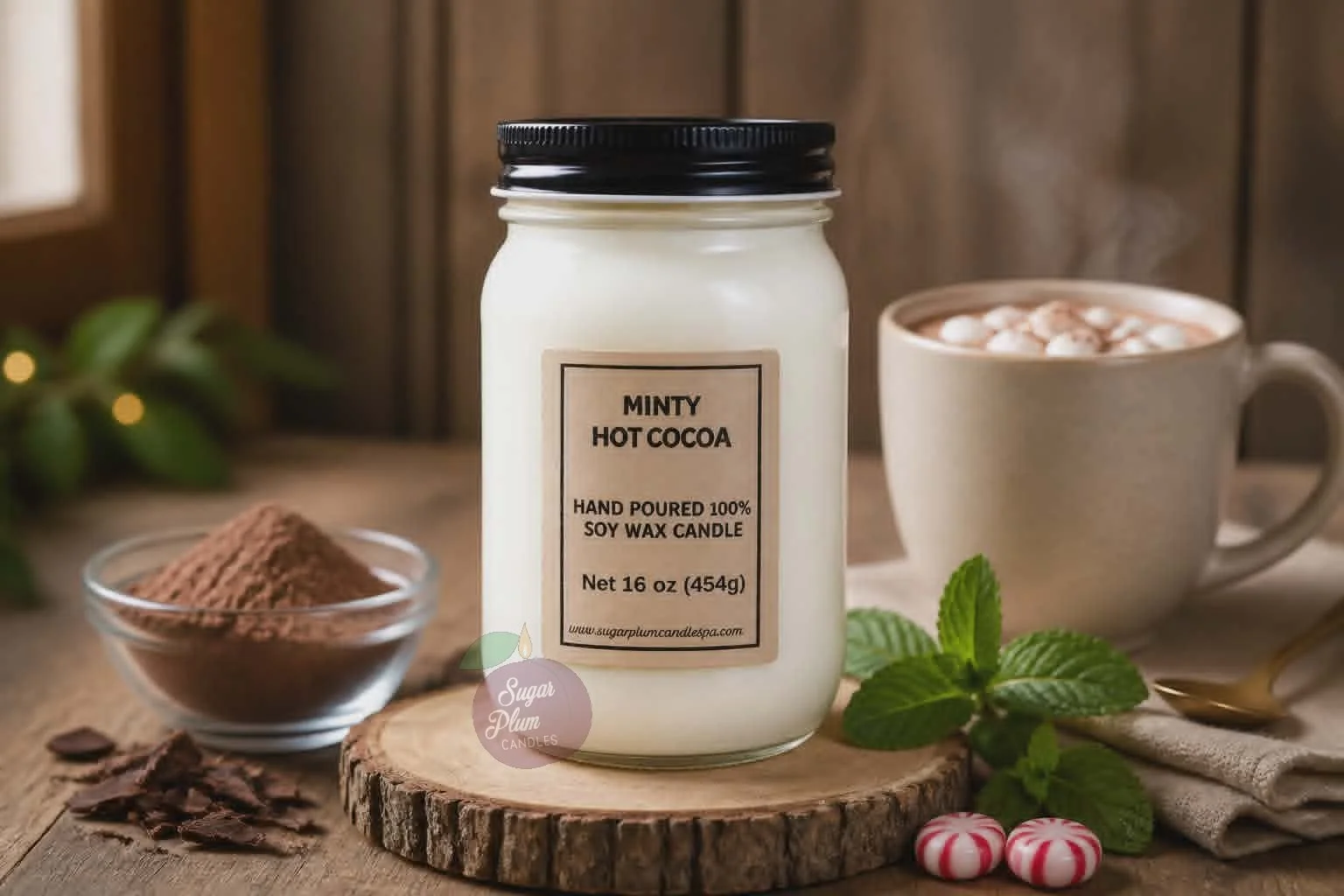 16oz Mason Jar Soy Wax Candle: Minty Hot Cocoa