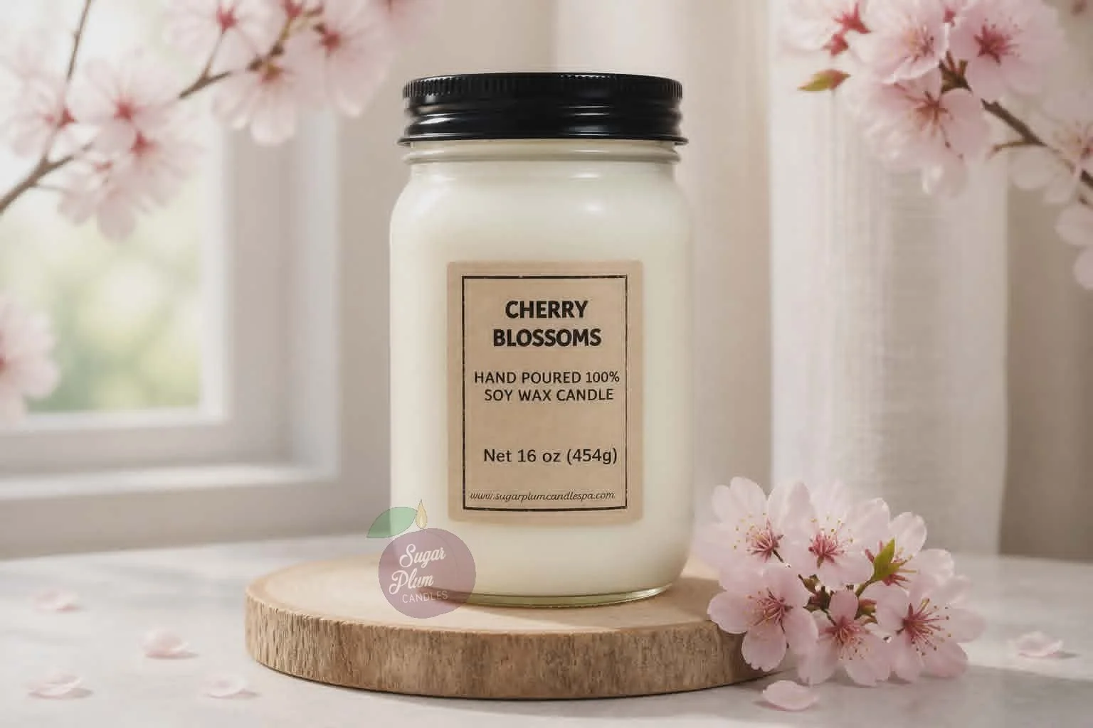 16oz Mason Jar Soy Wax Candle: Cherry Blossoms