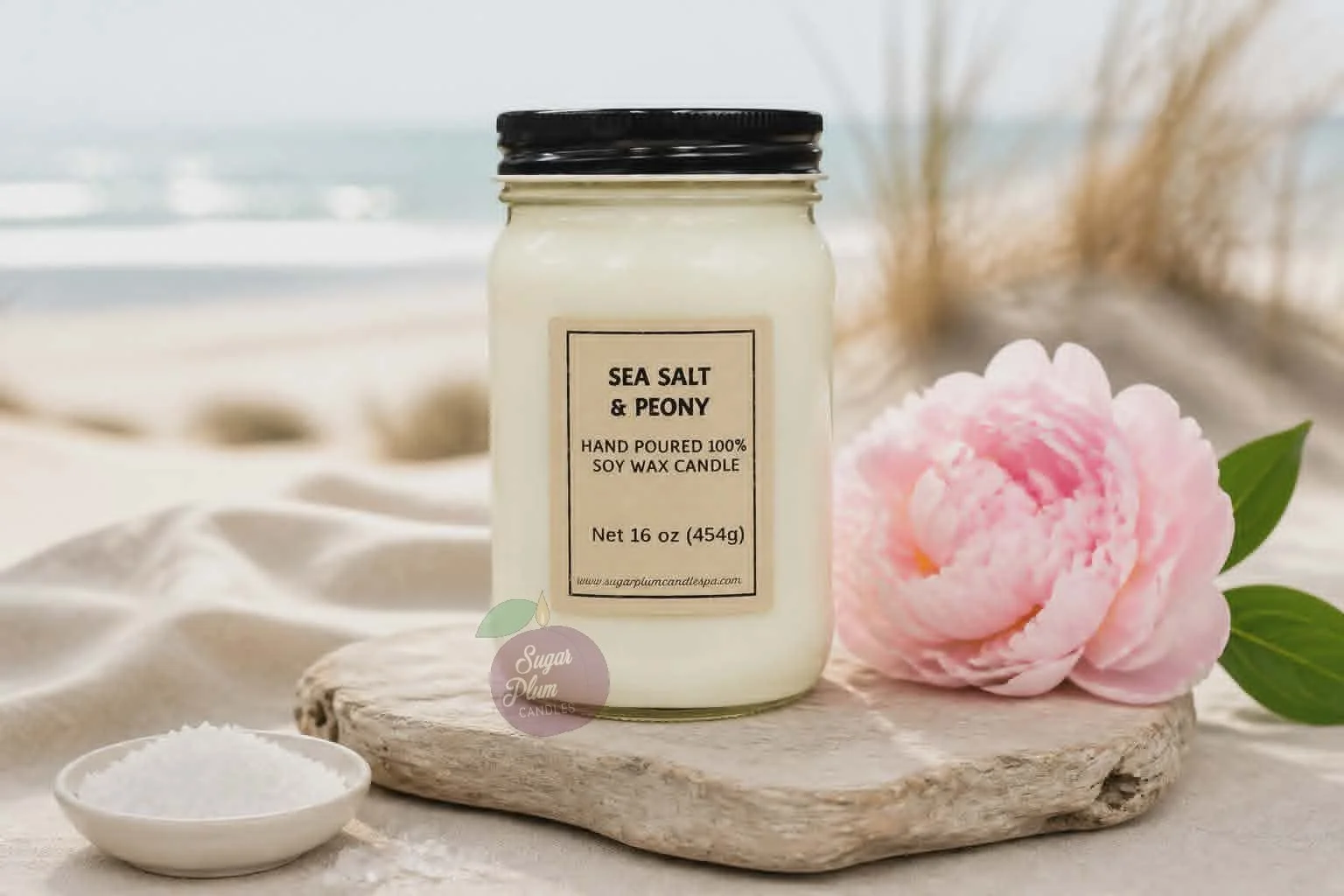 16oz Mason Jar Soy Wax Candle: Sea Salt & Peony