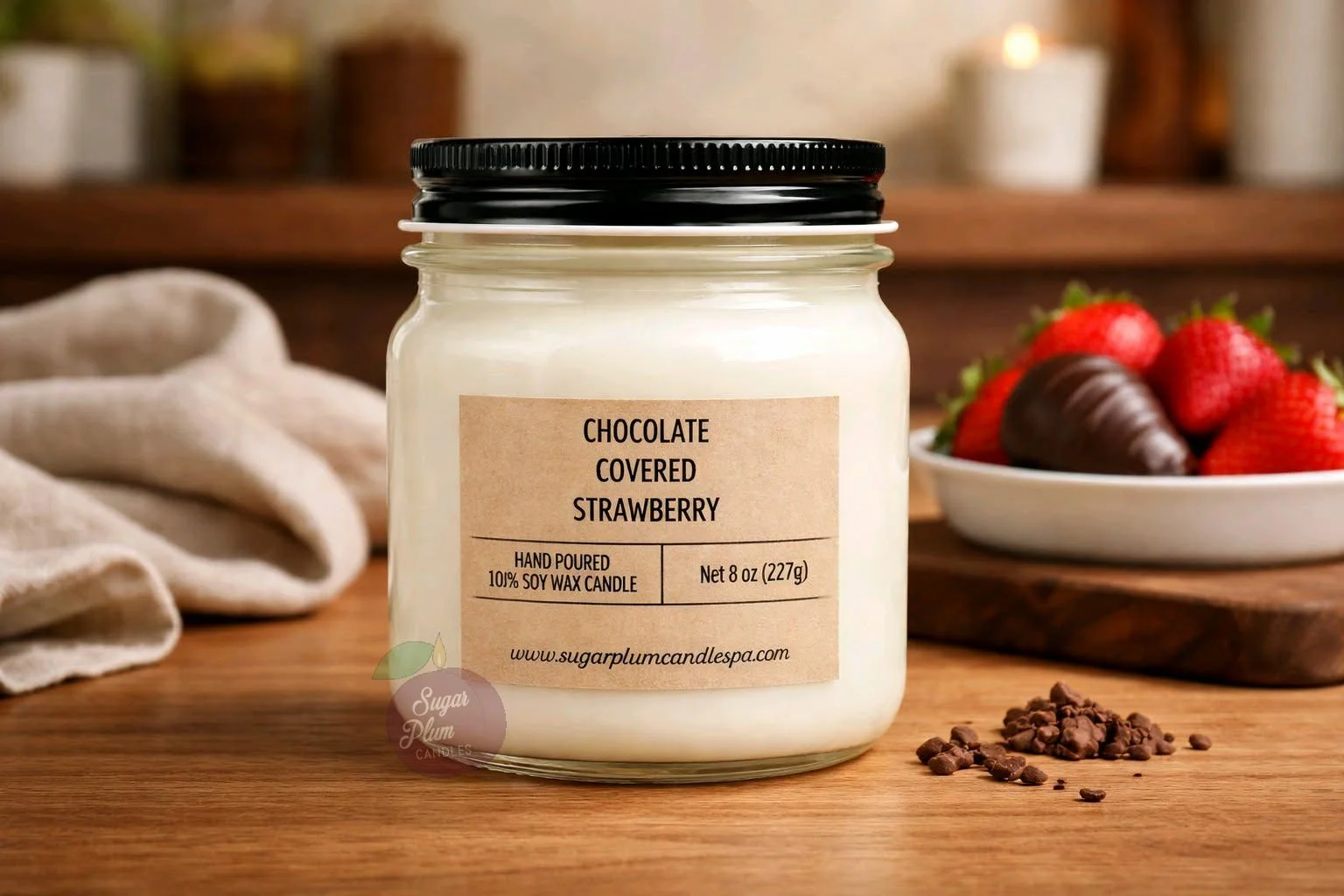 8oz Mason Jar Soy Wax Candle: Chocolate Covered Strawberry