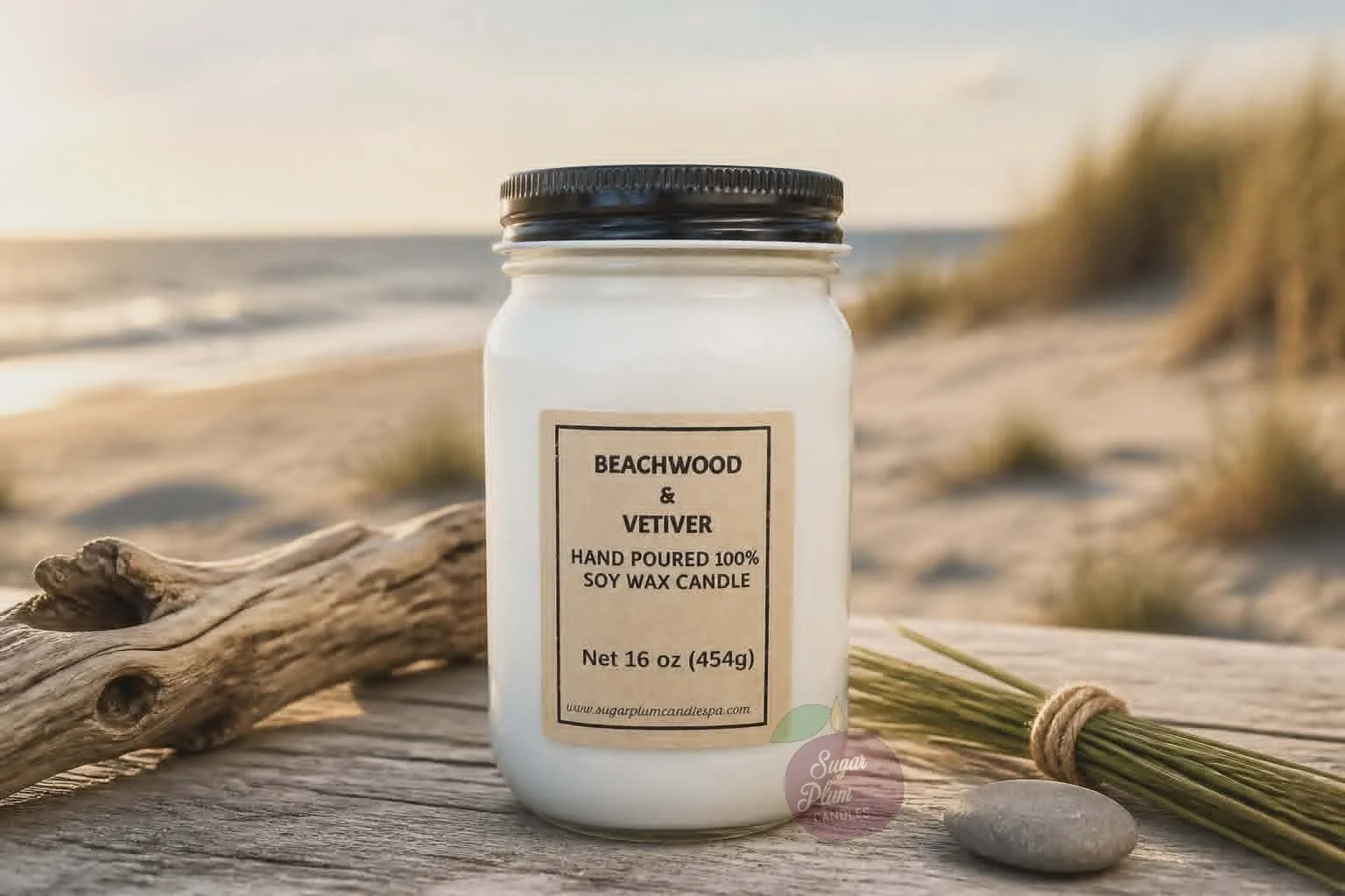 16oz Mason Jar Soy Wax Candle: Beachwood & Vetiver