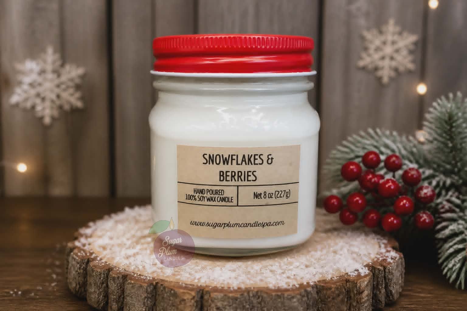8oz Mason Jar Soy Wax Candle: Snowflakes and Berries