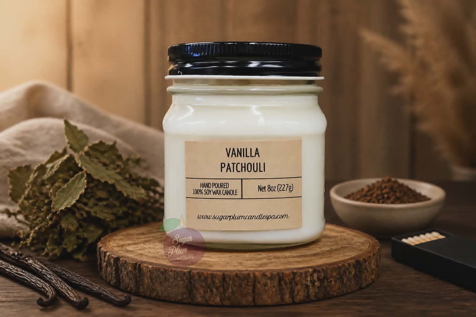 8oz Mason Jar Soy Wax Candle: Vanilla Patchouli