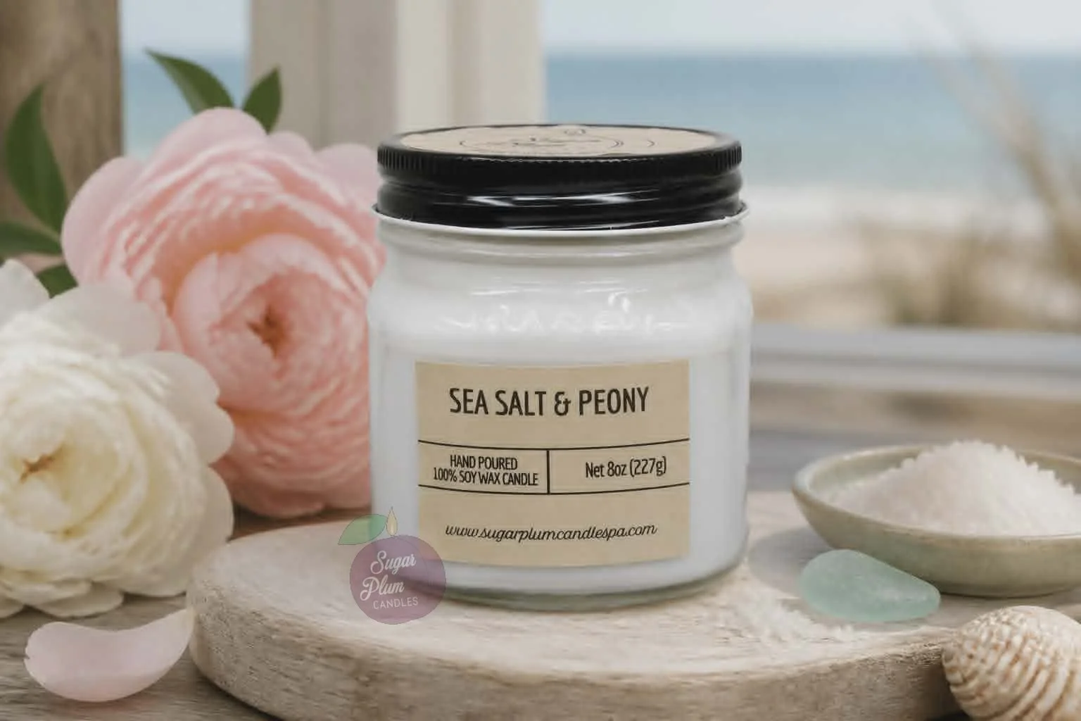 8oz Mason Jar Soy Wax Candle: Sea Salt & Peony