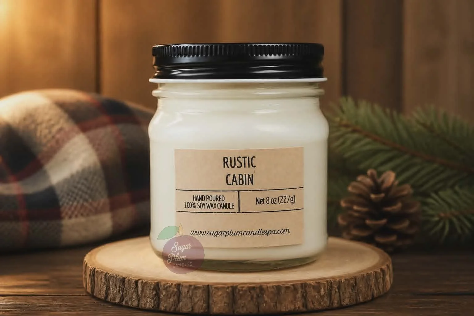 8oz Mason Jar Soy Wax Candle: Rustic Cabin