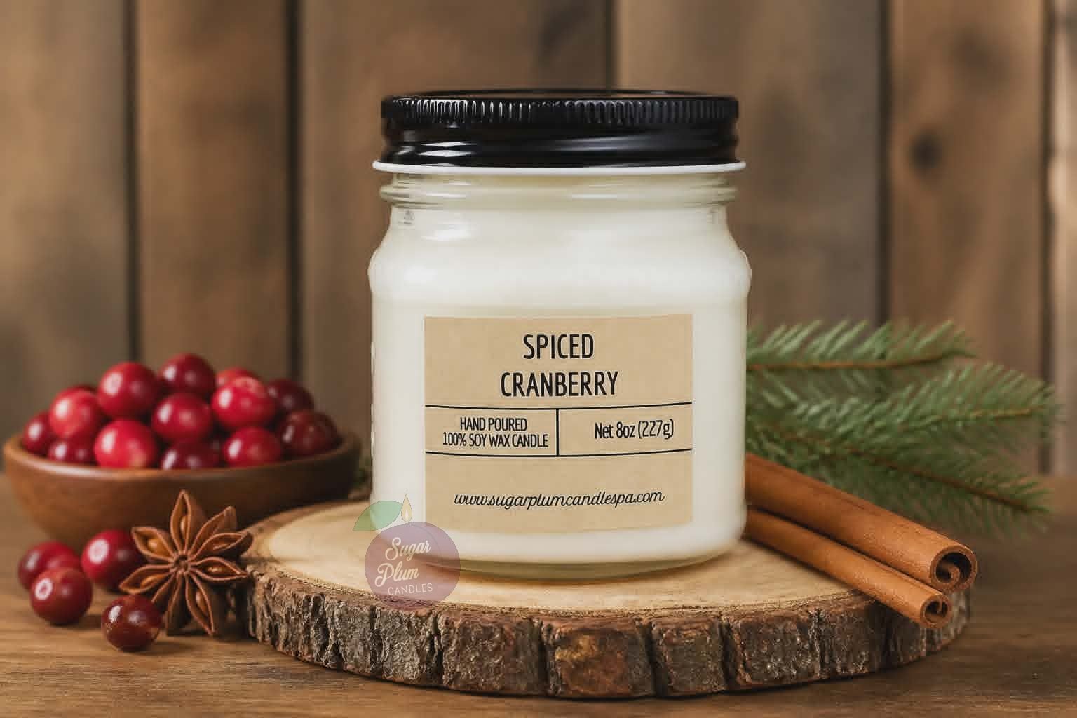 8oz Mason Jar Soy Wax Candle: Spiced Cranberry