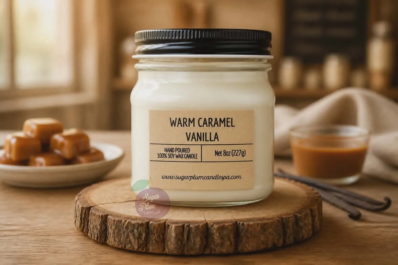 8oz Mason Jar Soy Wax Candle: Warm Caramel Vanilla