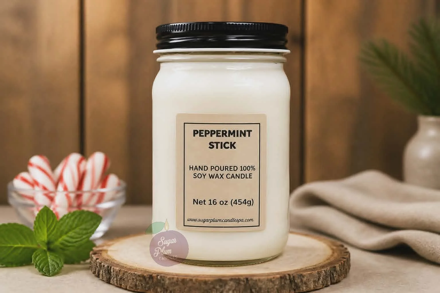 16oz Mason Jar Soy Wax Candle: Peppermint Stick