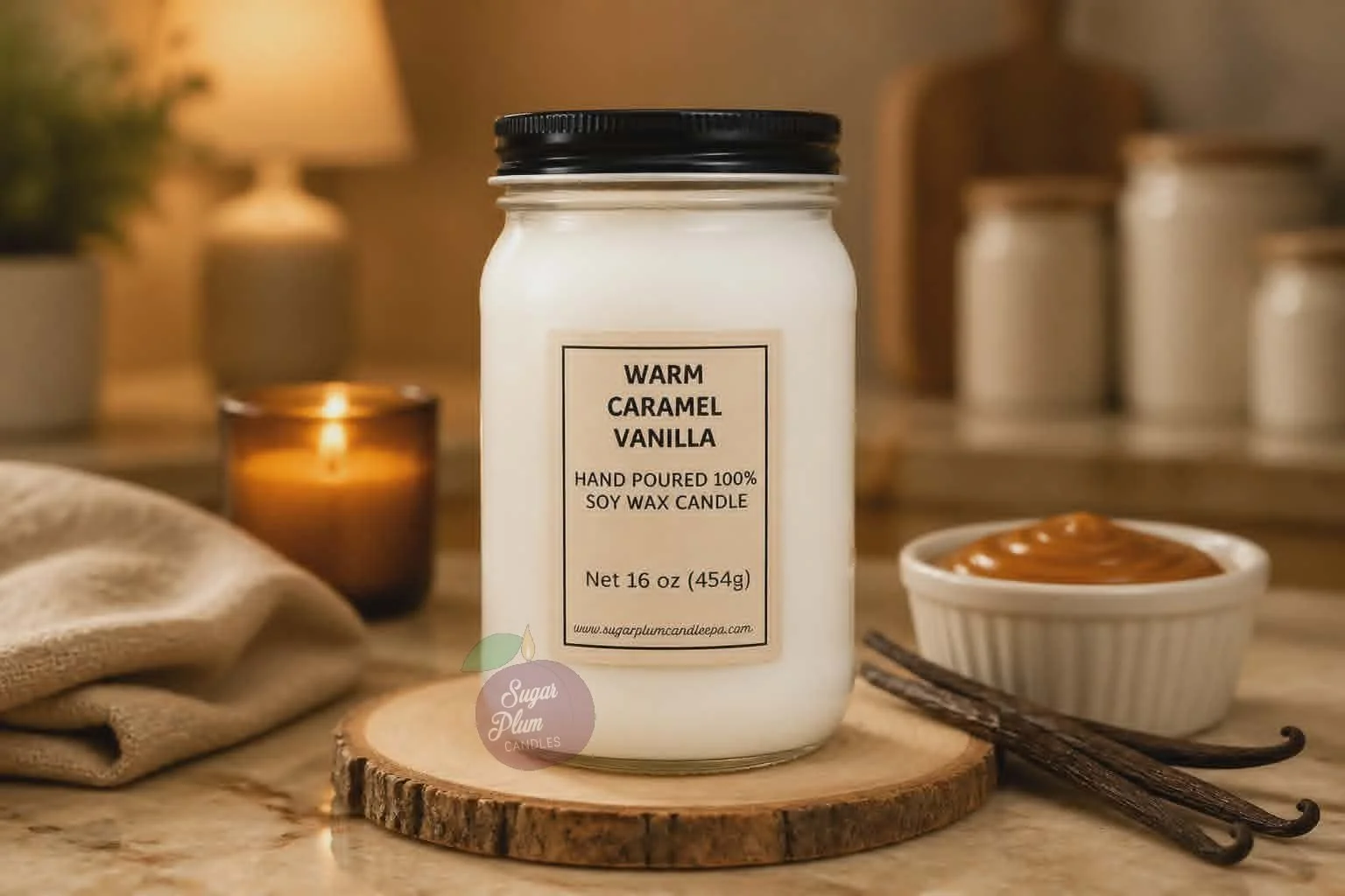 16oz Mason Jar Soy Wax Candle: Warm Caramel Vanilla