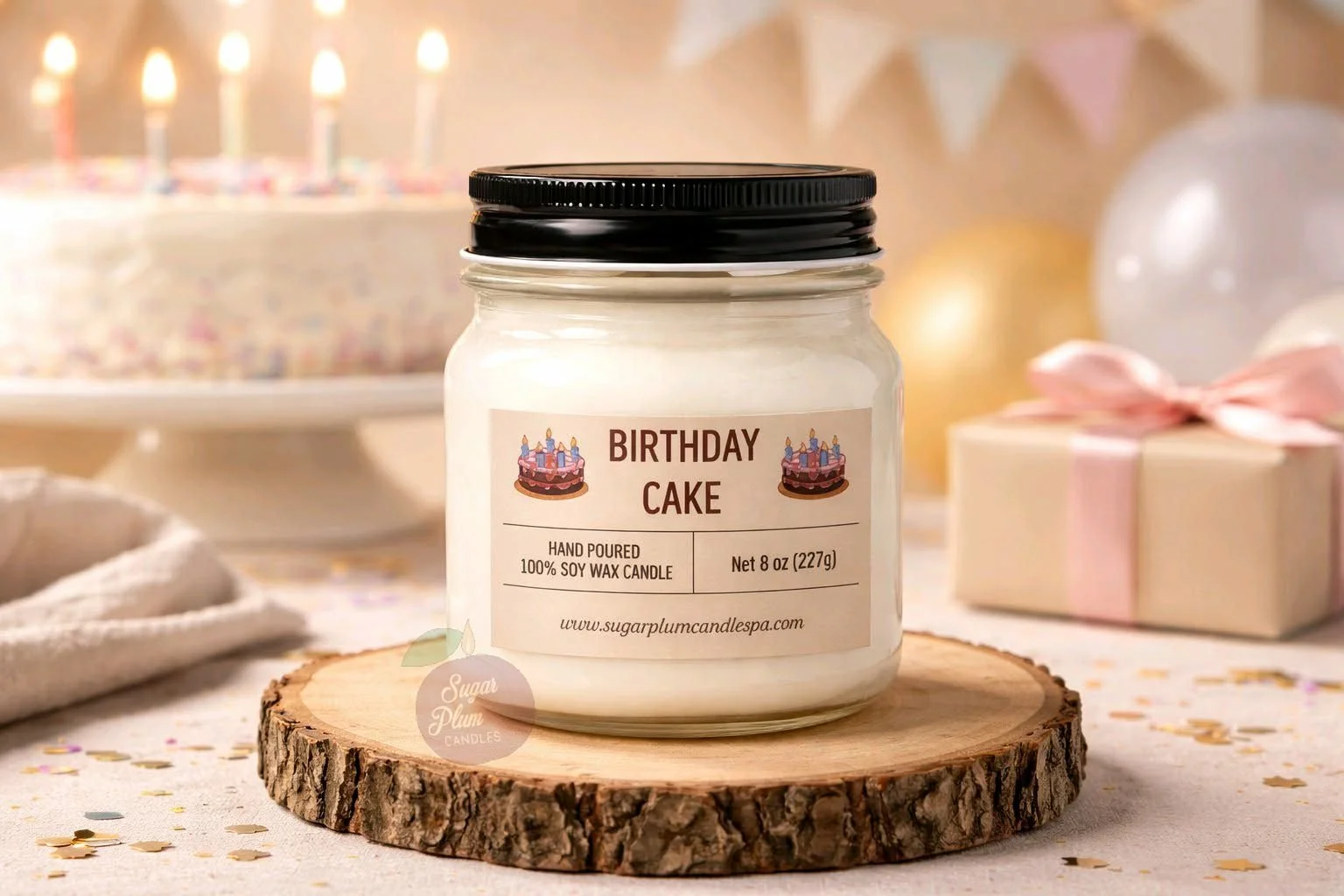 8oz Mason Jar Soy Wax Candle: Birthday Cake