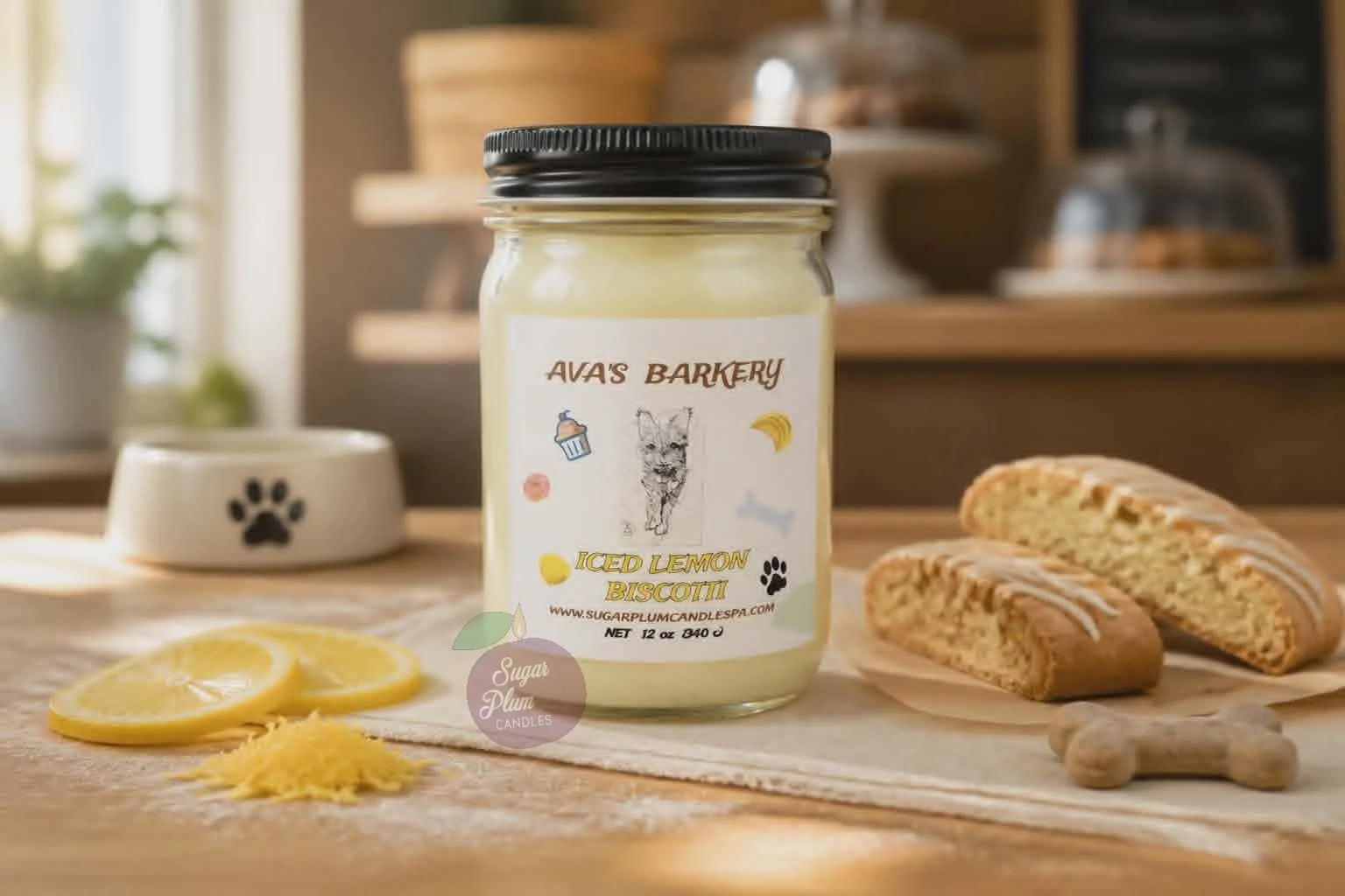 "Ava's Barkery" - Lemon Biscotti : 12oz Pet Themed, Soy Wax Candle