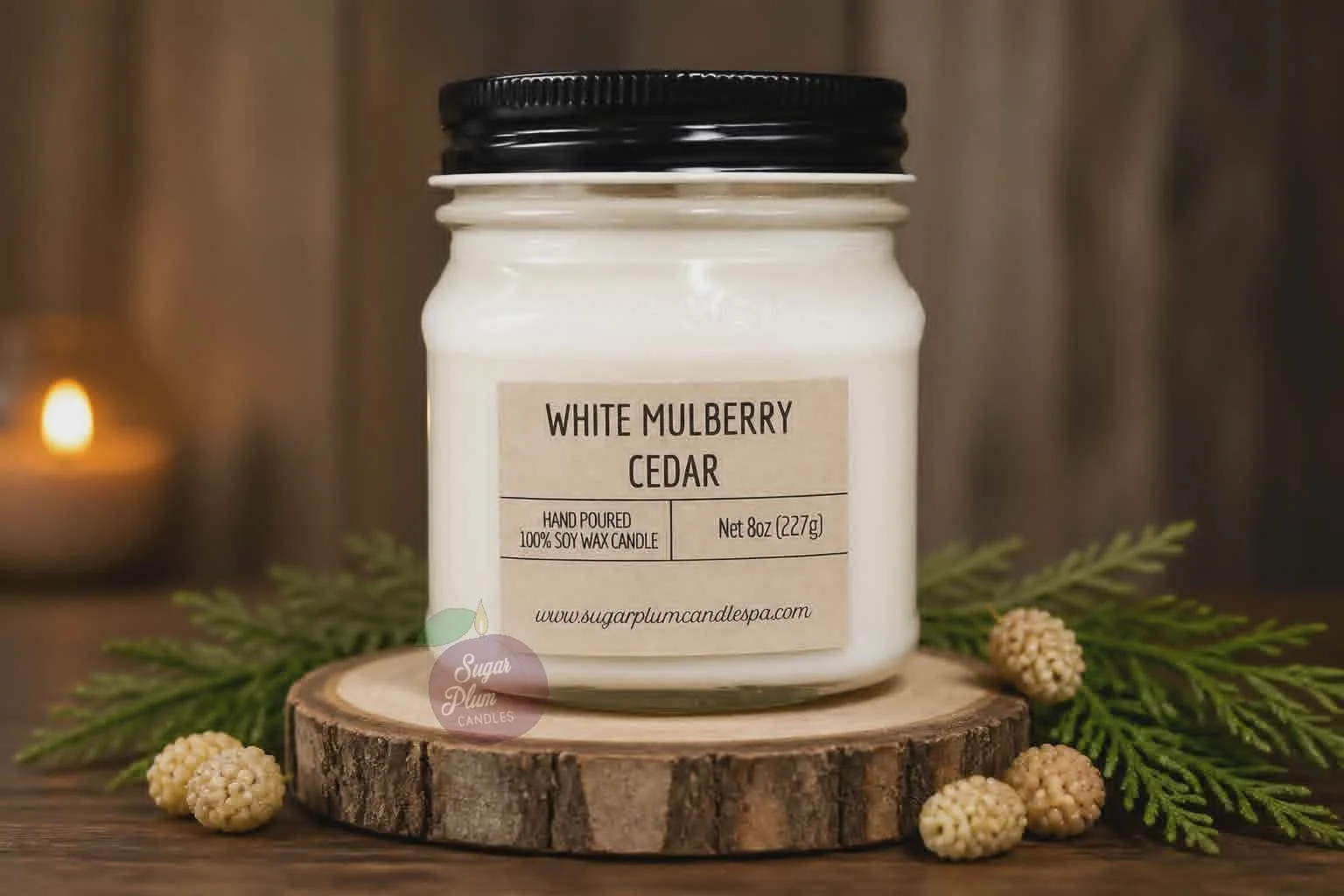 8oz Mason Jar Soy Wax Candle: White Mulberry Cedar