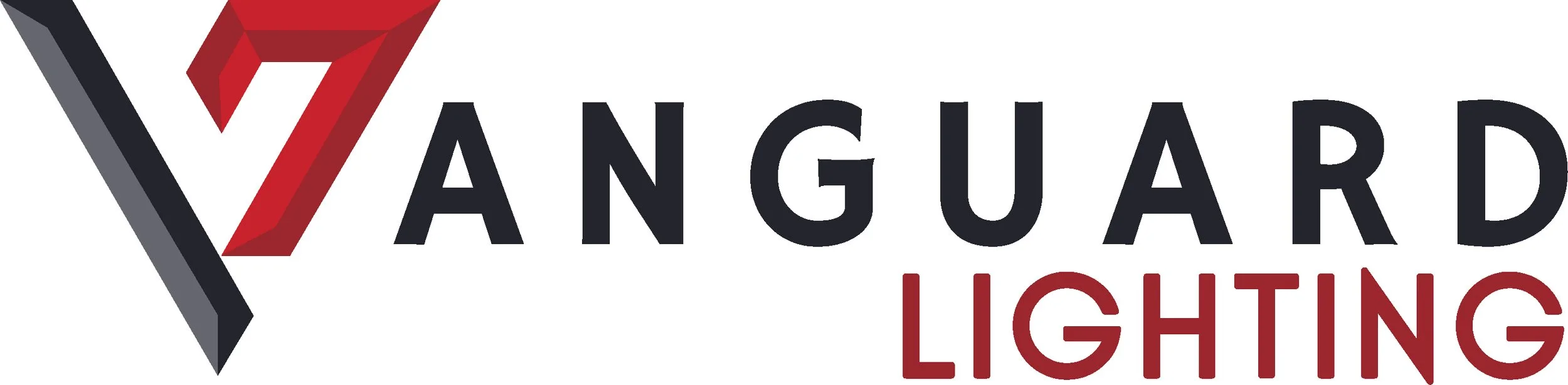 Logo for Vanguard Lighting featuring a stylized red and black shield with the company name in black and red text.