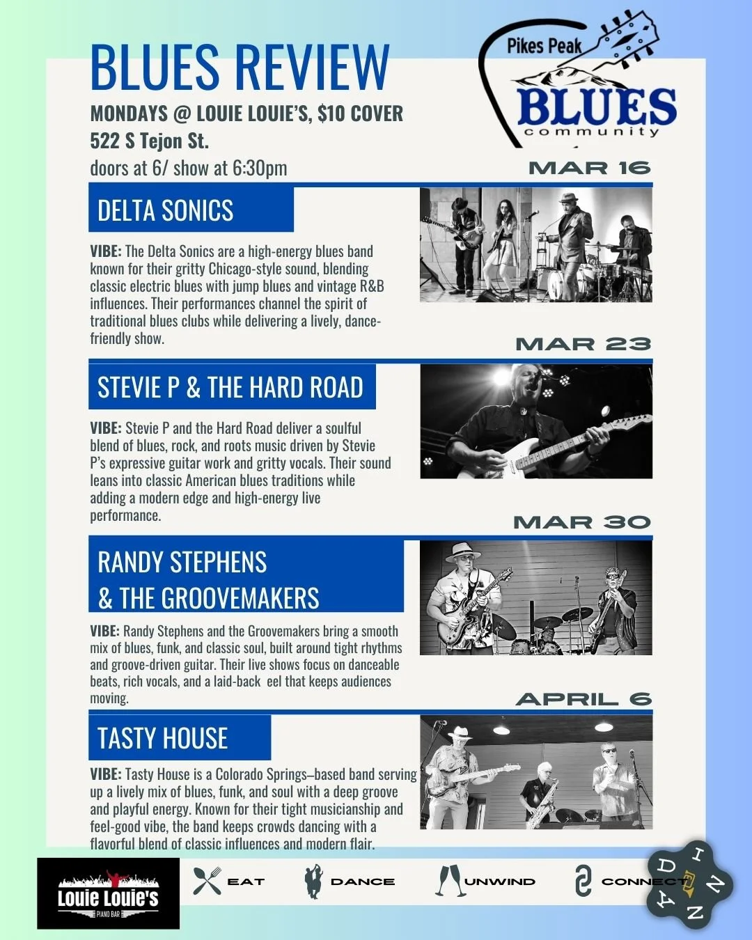 Monday Blues nights coming downtown! @louielouiessprings 6pm doors/ 6:30p show