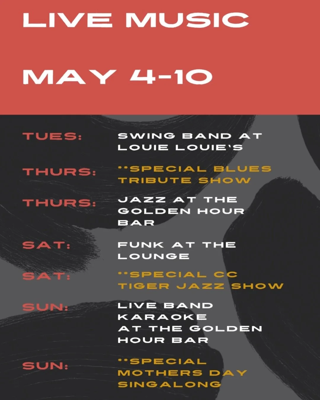 HUGE week ahead w some special shows NOT to miss! CC Big Band at the Whiskey House, Brunch &amp; Jazz singalong at Avenue 19 and brand new Bandeoke- sing w a live band sunday! Don't skip it! Plan ahead for your ladies night, date night, and moms brun