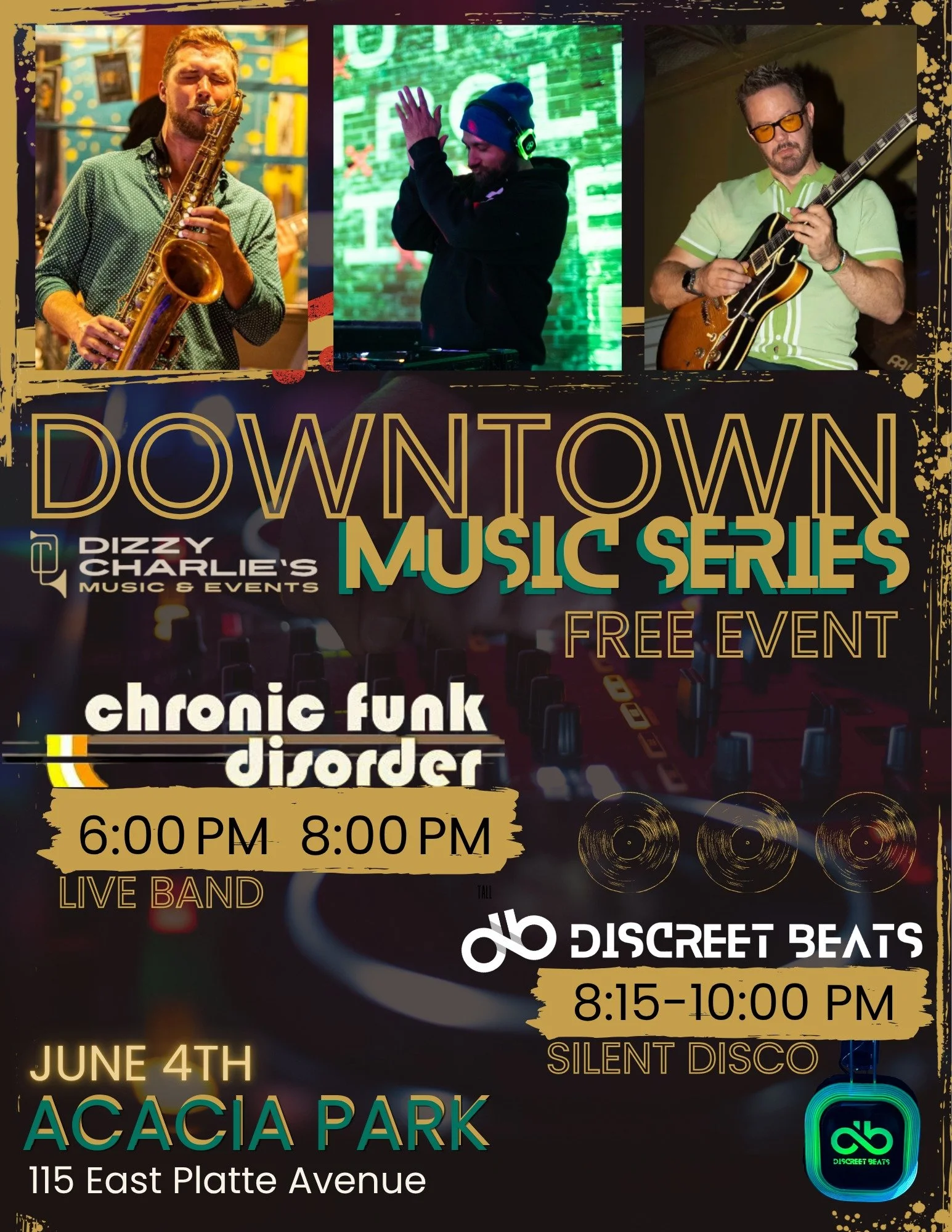The first show of the DOWNTOWN summer music series is a double-header with an outdoor silent disco following funk! FREE shows. Food truck @susanna's comfort cusine @Josh and johns scoop bus and free popcorn during the music! Come on out and bring the