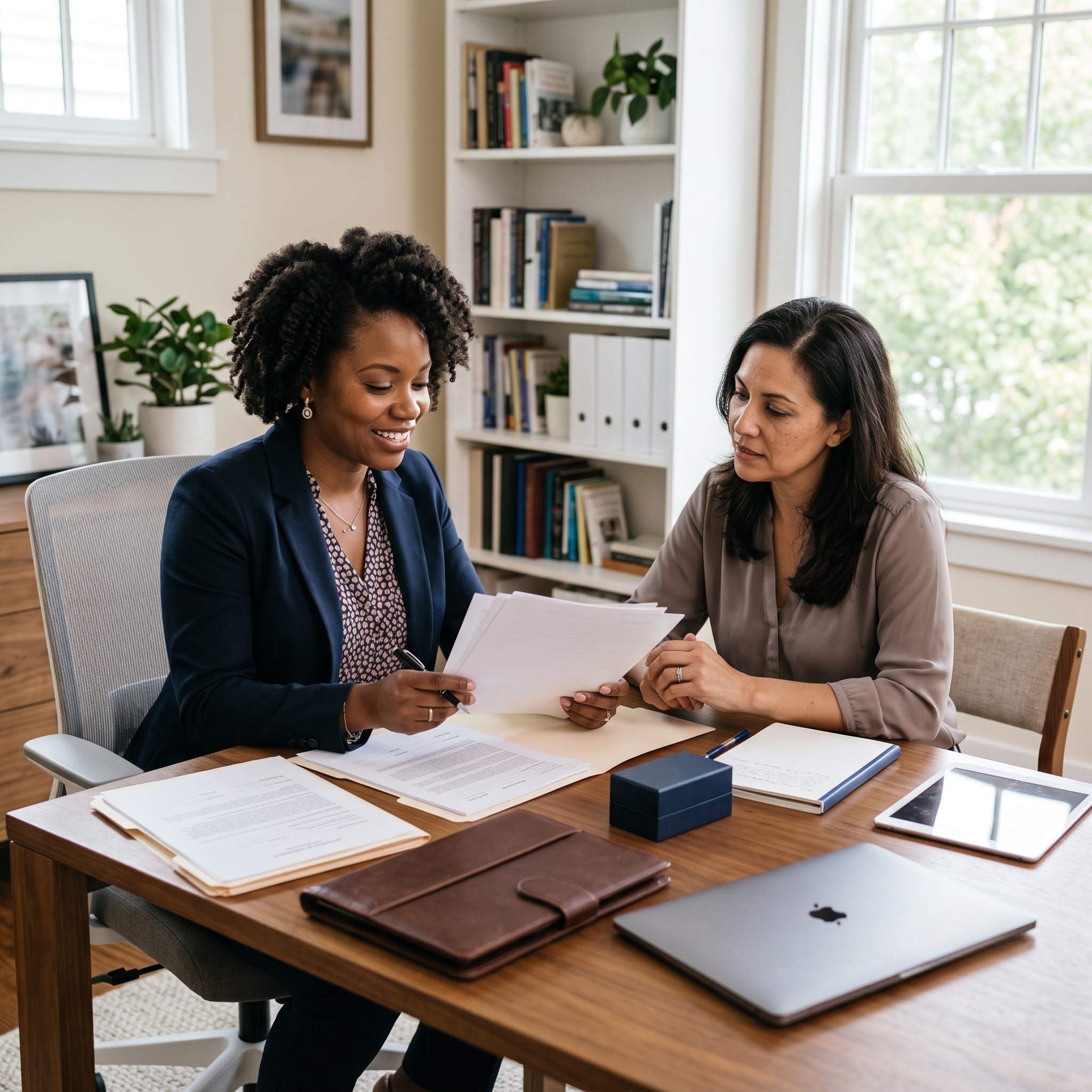 Black mobile notary professional helping a client review documents during a notary appointment in a professional office setting.