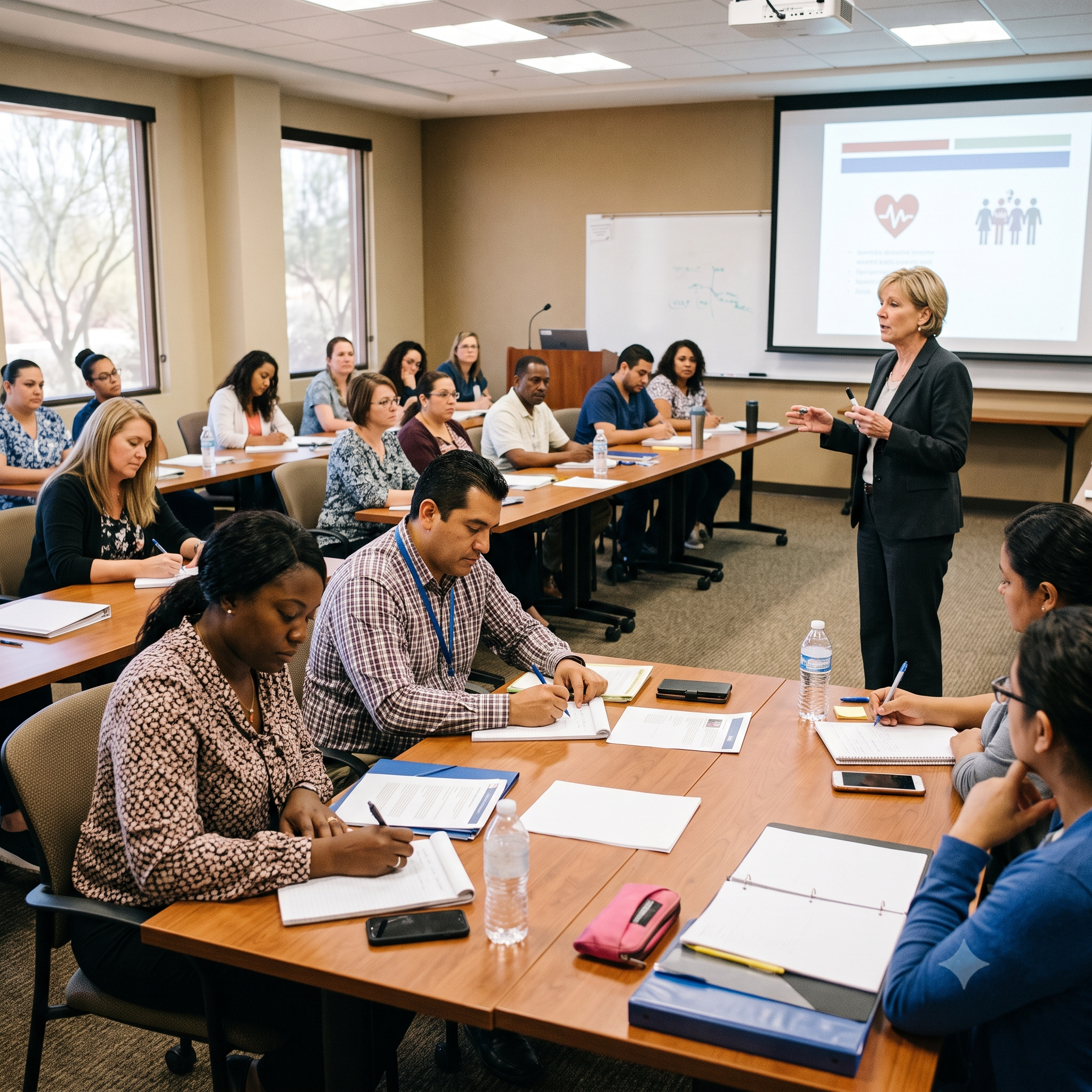 Article 9 training session for Arizona direct care workers, caregivers, DSPs, and behavioral health staff in a professional classroom setting.