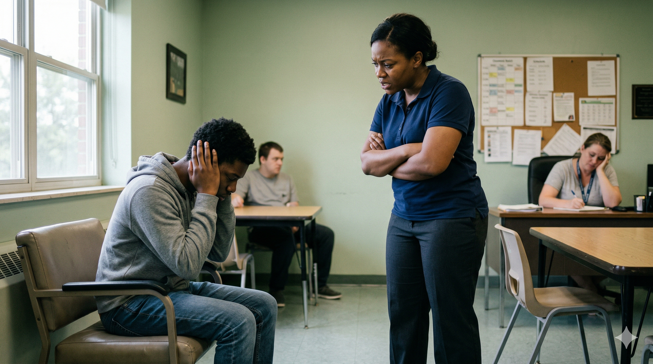 A stern woman with crossed arms looks down at a seated man who is covering his ears in distress.