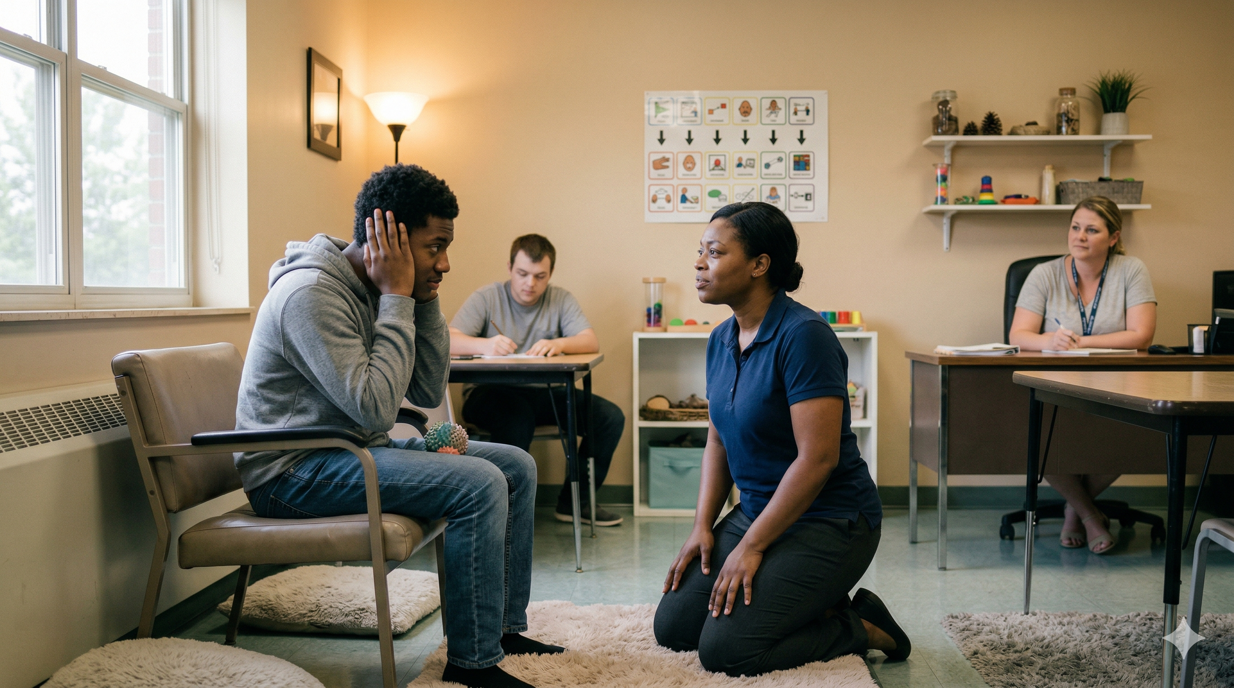 A caregiver kneels calmly while engaging with a young man covering his ears due to distress in a specialized support environment.