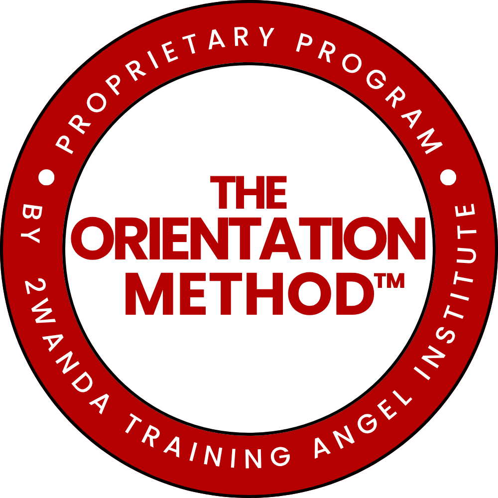 Logo for The Orientation Method, a proprietary program by 2nd and Trina Training Angel in Institute, featuring a black background, a white circle in the center, and a red outer ring with white text.