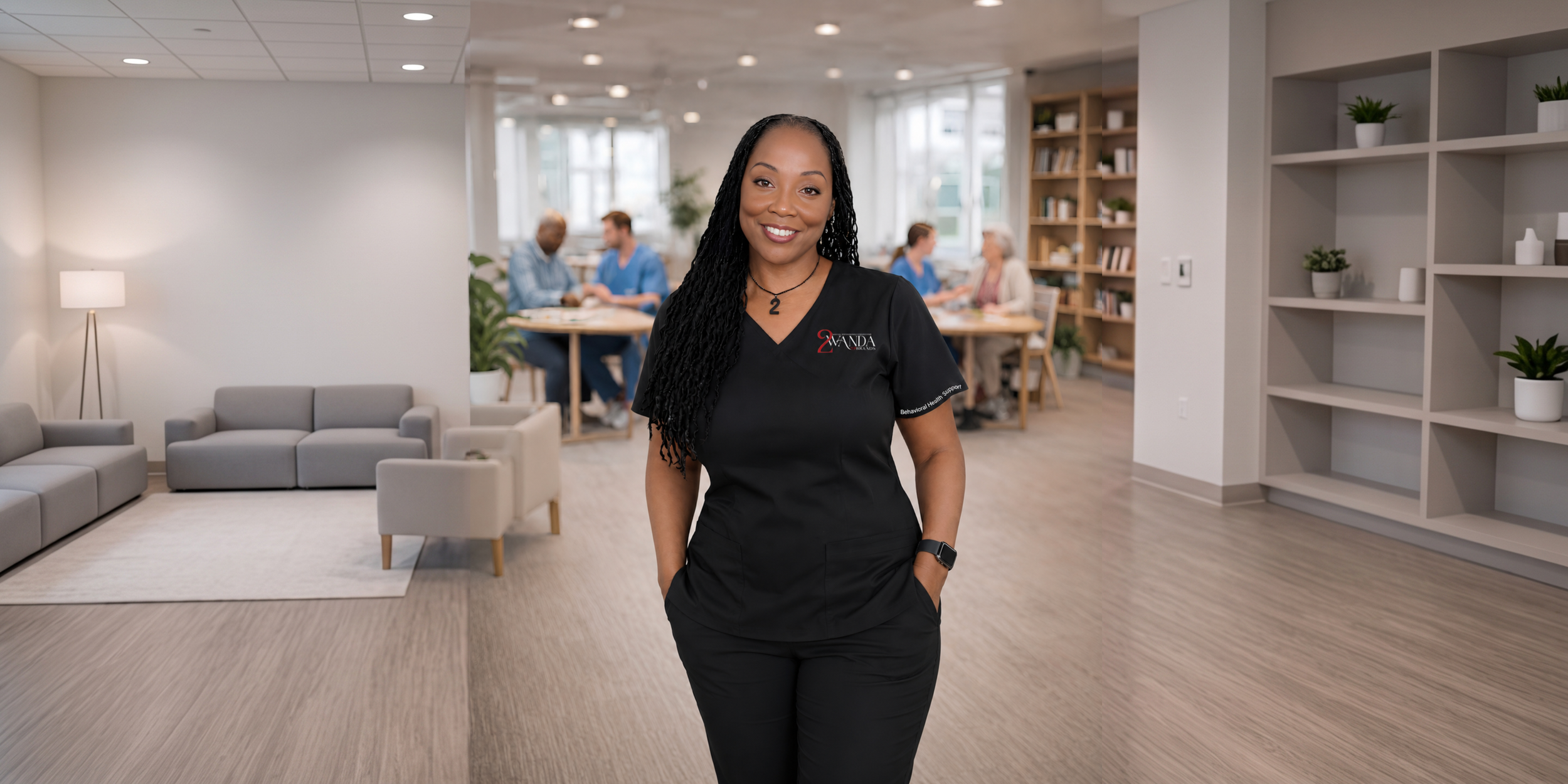 A smiling woman with braided black hair in black medical scrubs standing in a modern lounge or office space with other people sitting at tables in the background.