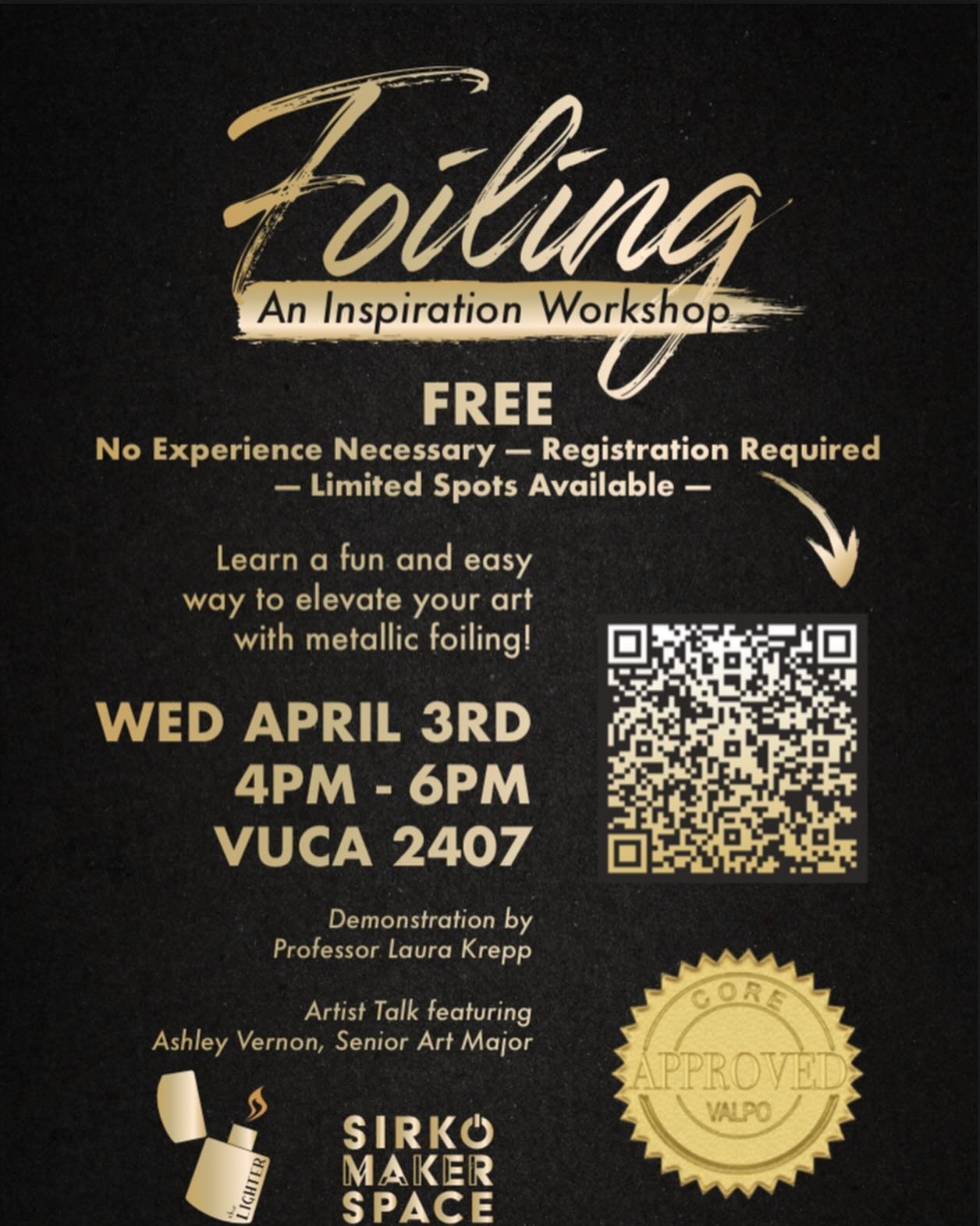 Join us on Wednesday April 3rd for a collaborative inspiration workshop with the Sirko Maker Space! Learn how to enhance a work through the use of foiling in a demonstration by @valpocva Professor Laura Krepp. Then see the skill in action with an art