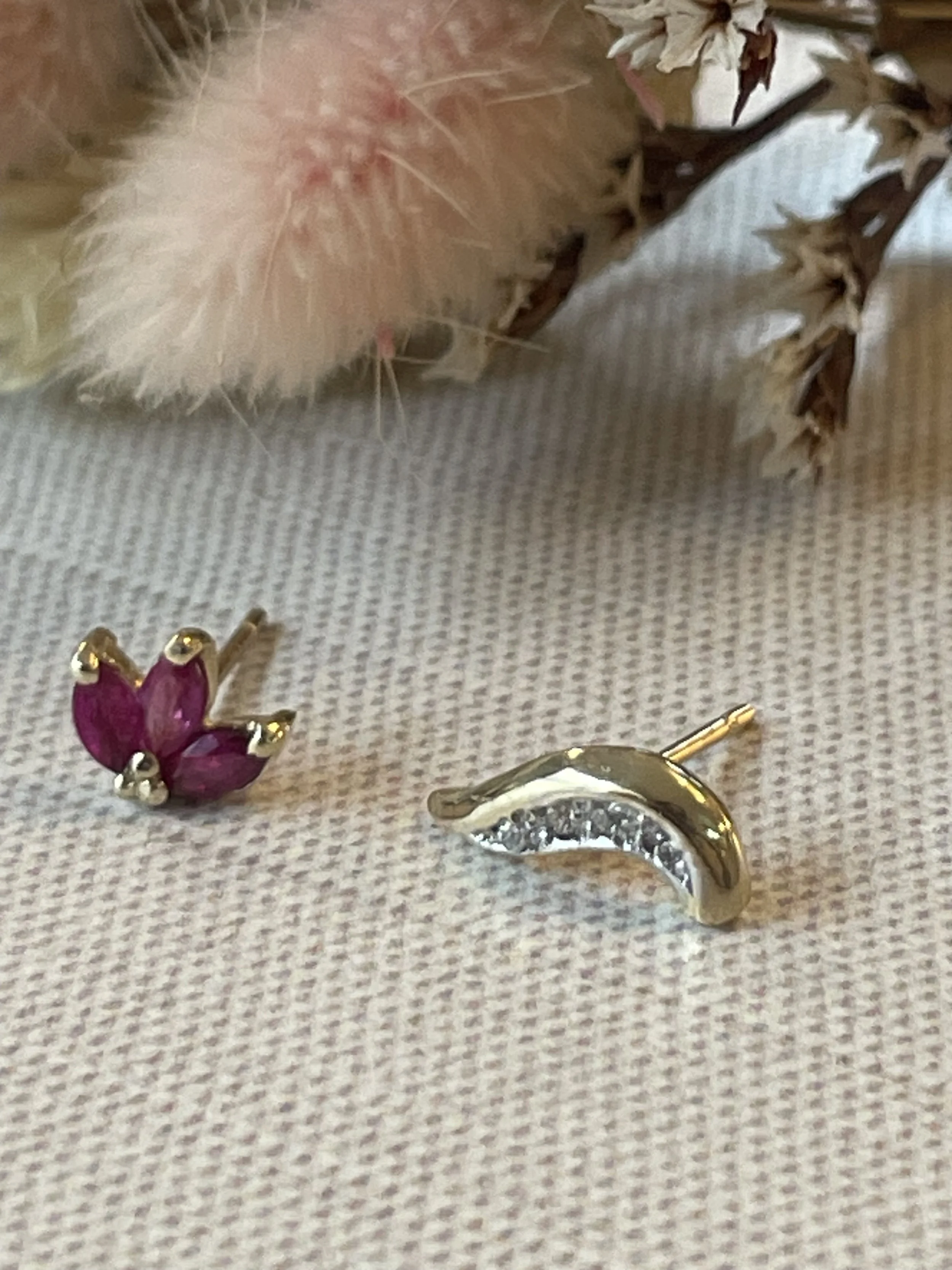 Close-up of a pair of earrings on a fabric surface with dried plants in the background.