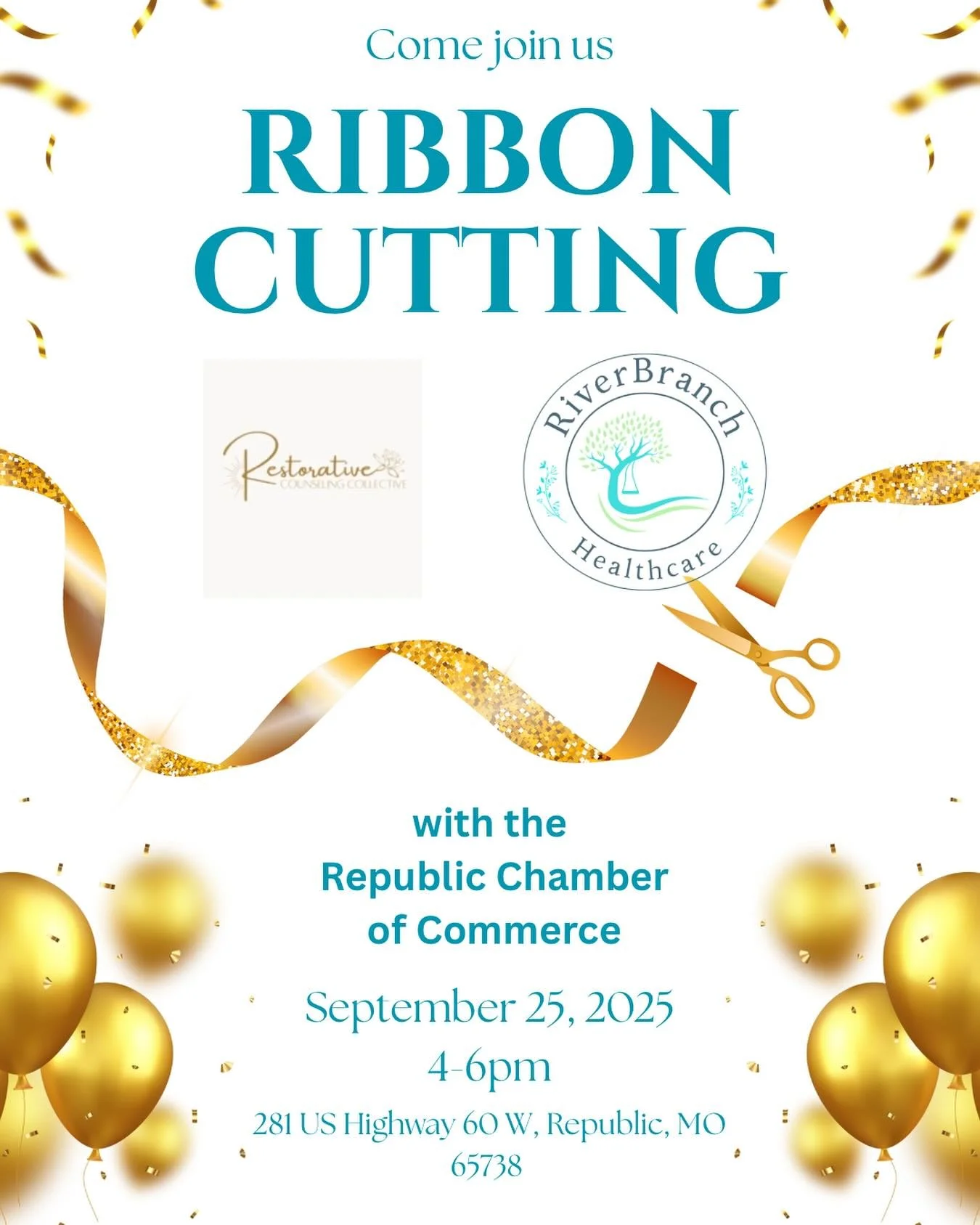 ✨ You&rsquo;re invited! ✨
We&rsquo;re thrilled to celebrate the Ribbon Cutting Ceremony for Restorative Counseling Collective in partnership with RiverBranch Healthcare and hosted by the Republic Chamber of Commerce.

This event marks an exciting new