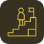 Icon of a person climbing stairs to a flag on a platform, symbolizing achievement or goal.