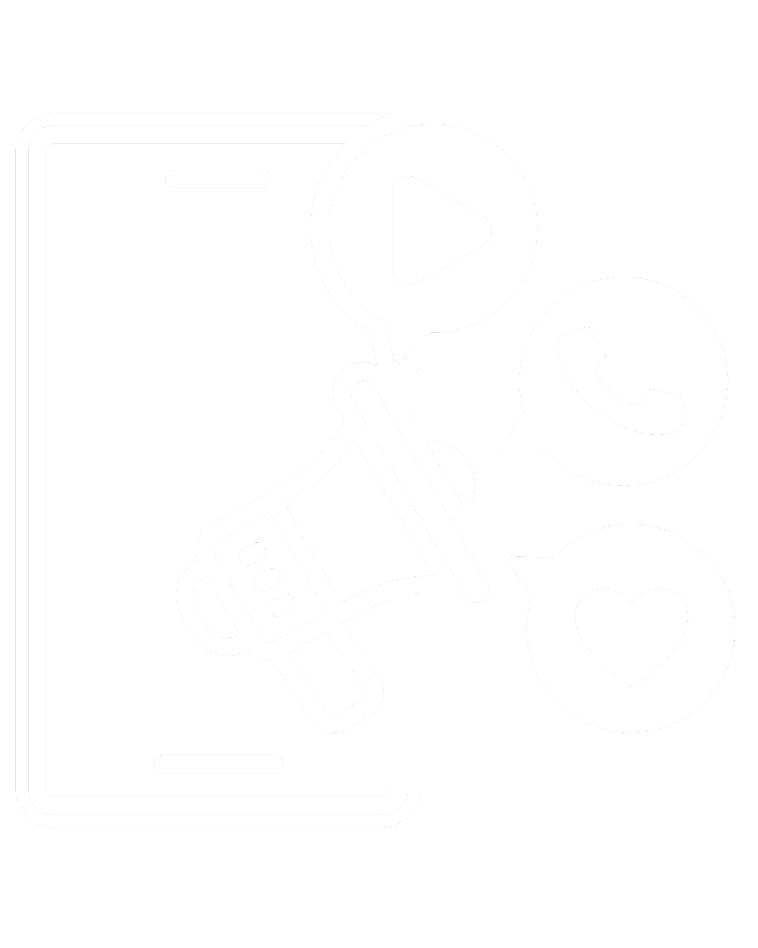 Black and white icon of a mobile phone with a megaphone, a video play button, a phone receiver, and a heart symbol, representing social media and communication.