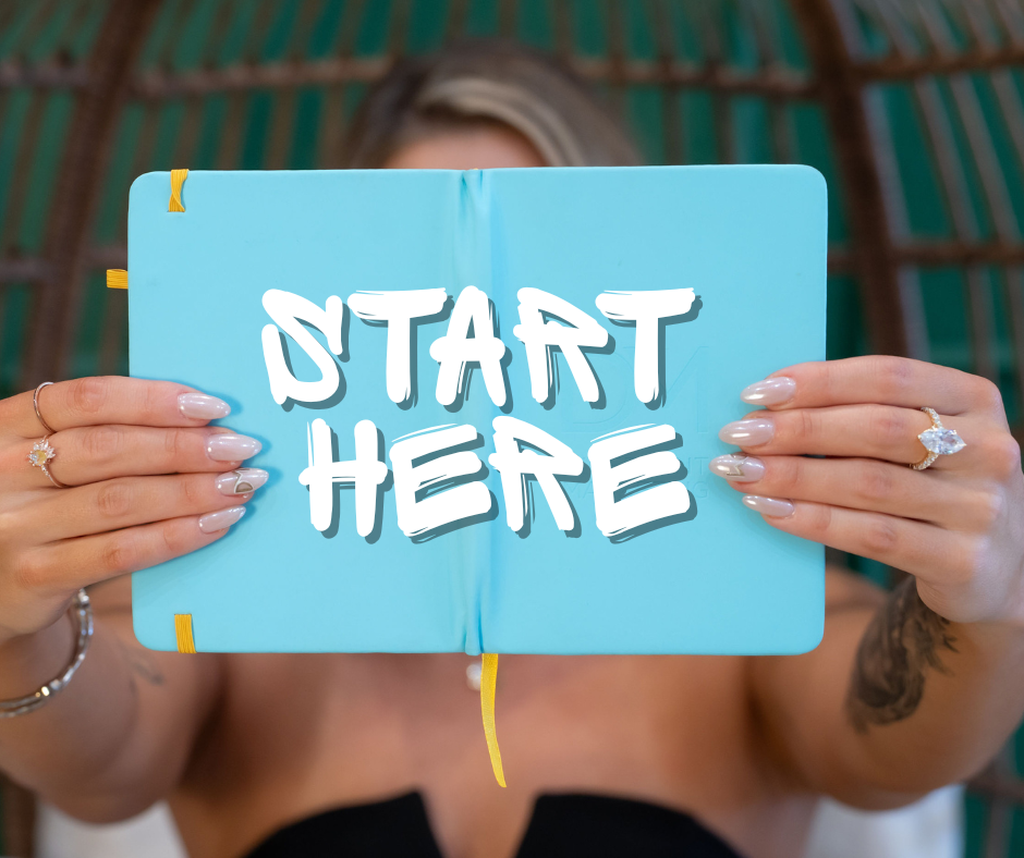 Person holding a blue book with 'Start Here' written on it, jewelry on fingers, and a tattoo on arm, in front of a wooden and green woven background.