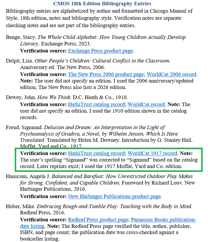 Screenshot of a Word document with CMOS 18 bibliography entries and verification notes, including a highlighted note about a corrected author name and edition choice.