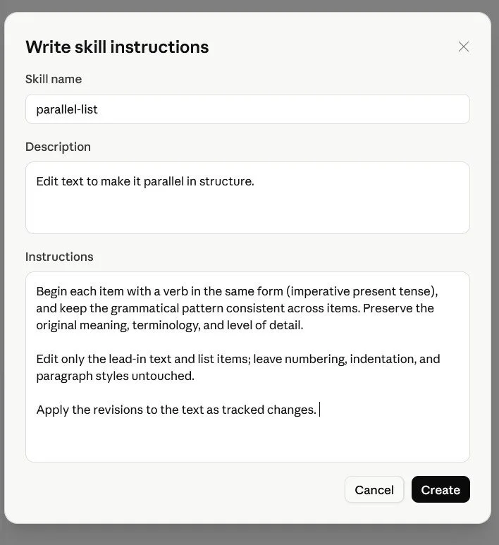 Skill instructions: Form for creating a “parallel-list” skill with its description and editing instructions.