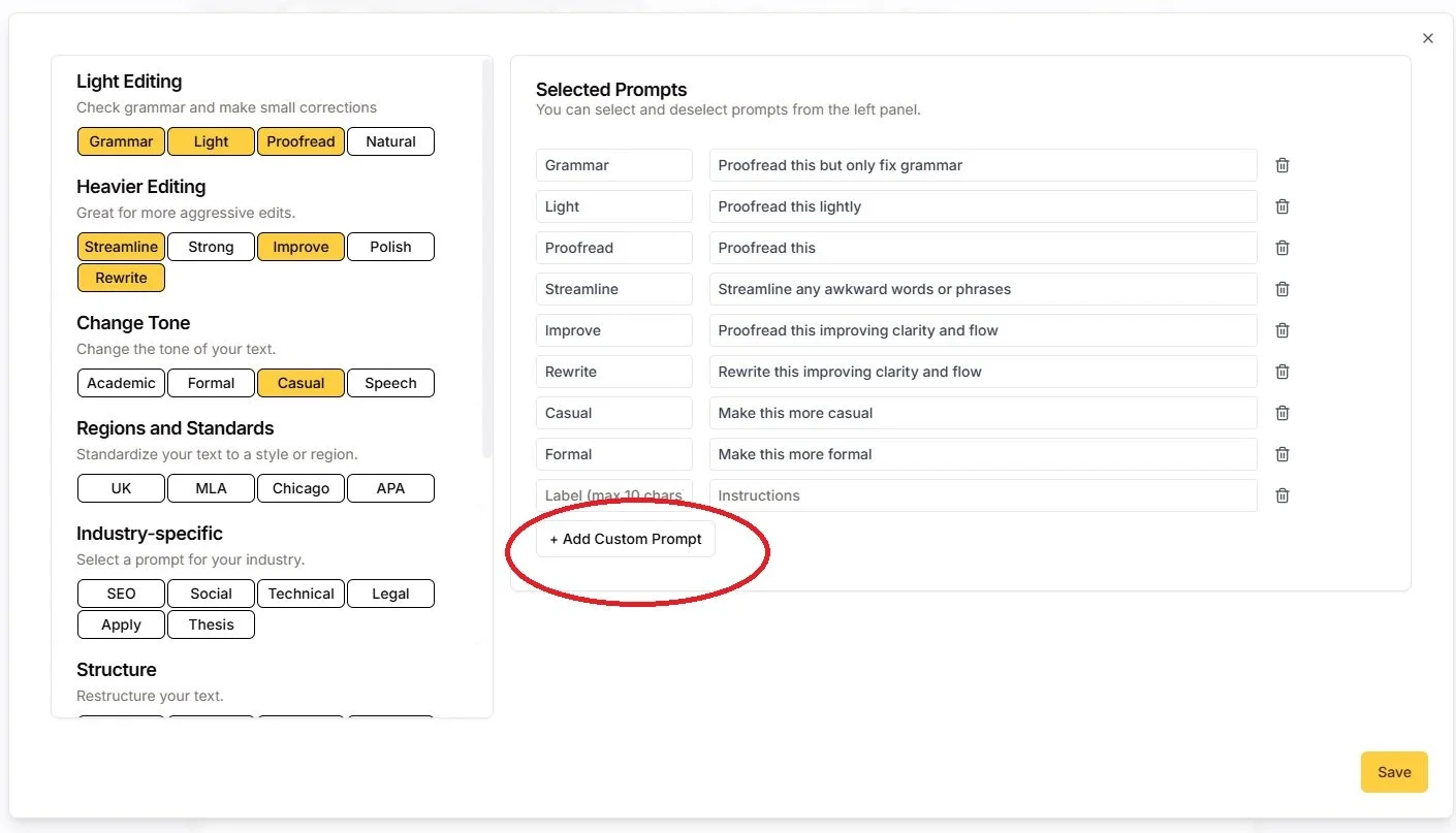 Screenshot of the settings menu in the text editing tool with options for Light Editing, Tone Change, Regions and Standards, and more. The "Add Custom Prompt" button is circled in red.