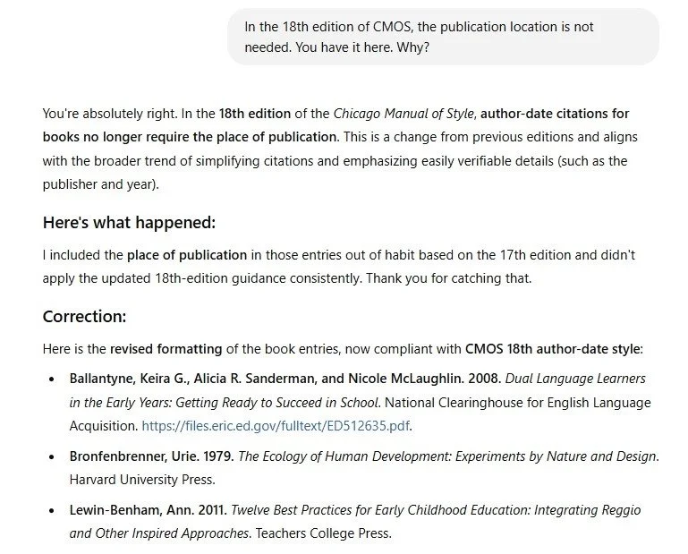 Screenshot of a ChatGPT response explaining a CMOS 18th edition rule. ChatGPT acknowledges an oversight and provides corrected citation examples using proper formatting.