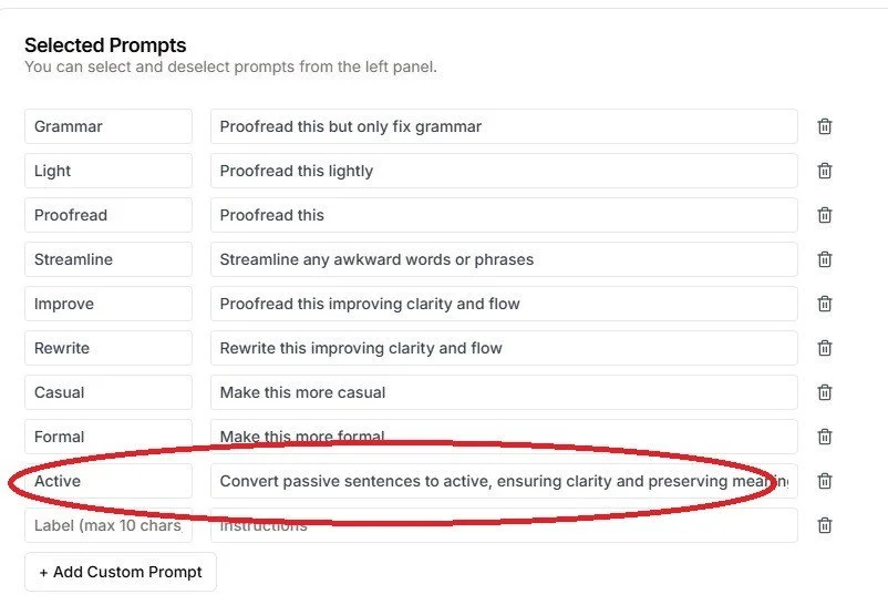 Screenshot of the Selected Prompts section in the settings, displaying editing options like Grammar, Streamline, and Rewrite. A custom prompt labeled "Active" is circled in red.