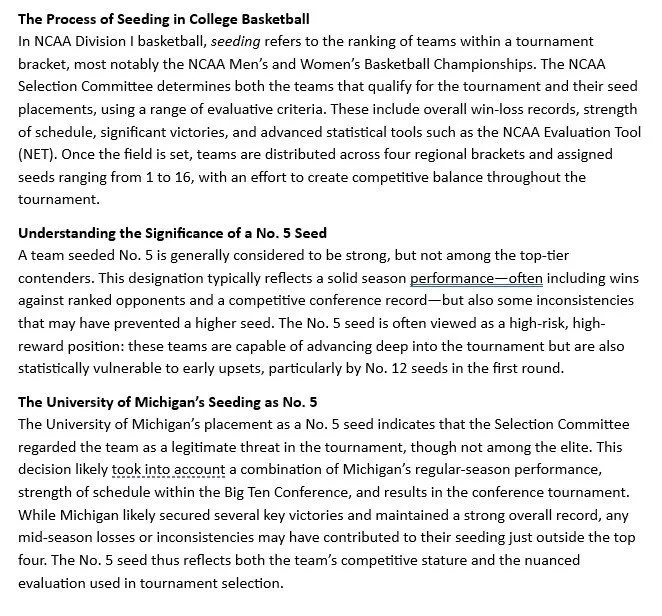 Screenshot of original college basketball seeding article explaining NCAA tournament seed selection, significance of a No. 5 seed, and Michigan’s placement as a No. 5 seed.