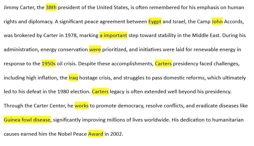 Close-up screenshot of text on Jimmy Carter’s legacy with key words highlighted in yellow, such as ‘38th,’ ‘Egypt,’ and ‘Guinea fowl disease,’ signifying factual and grammar errors..